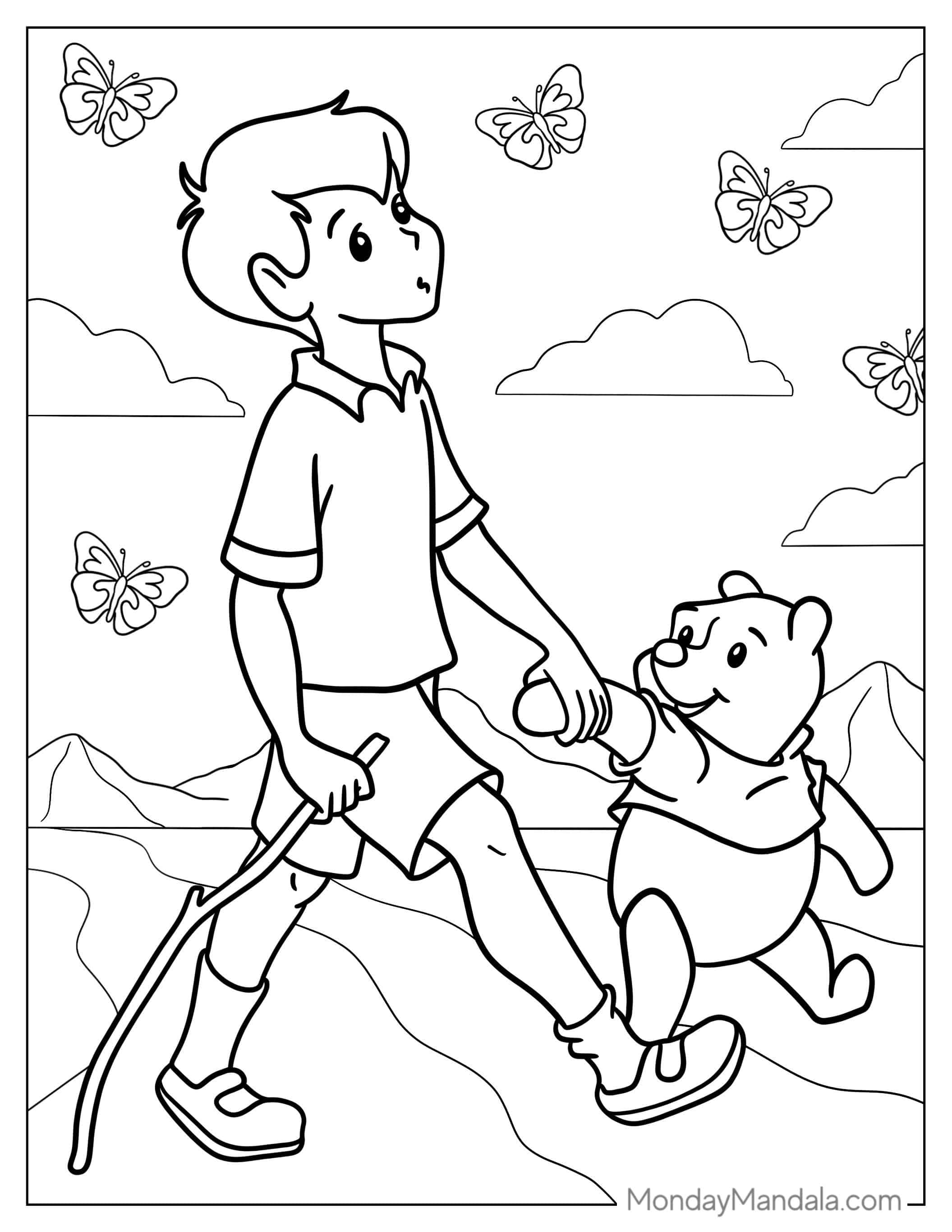Winnie The Pooh And Christopher Robin Going On Adventures coloring page — printable line art