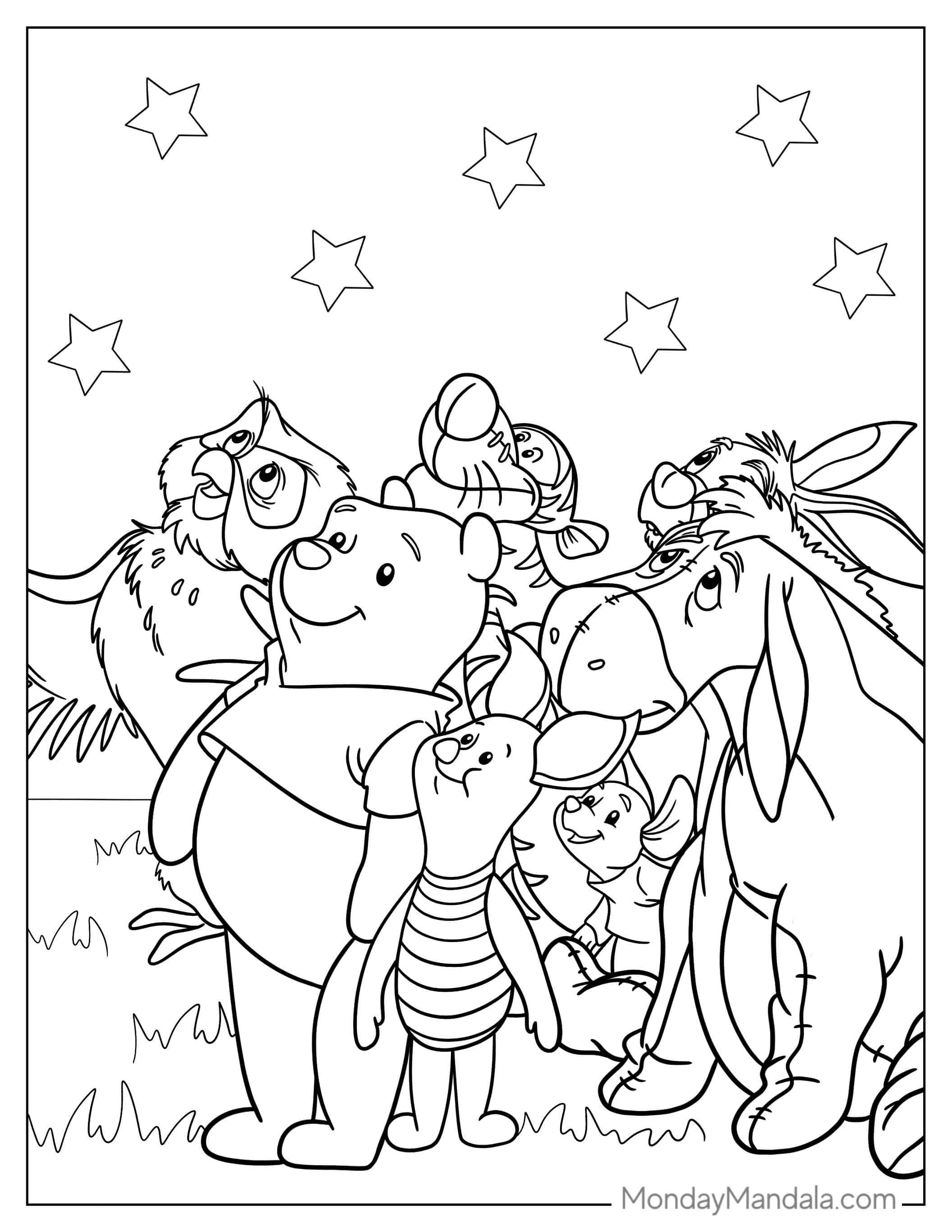 Winnie The Pooh Characters Looking At The Stars coloring page — printable line art