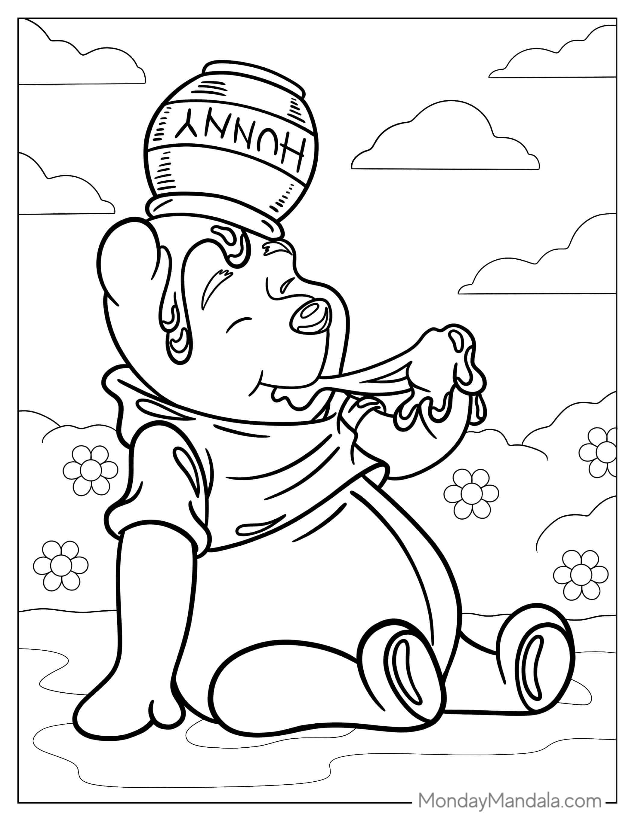 Winnie The Pooh Happy As He Eats Honey coloring page — printable line art