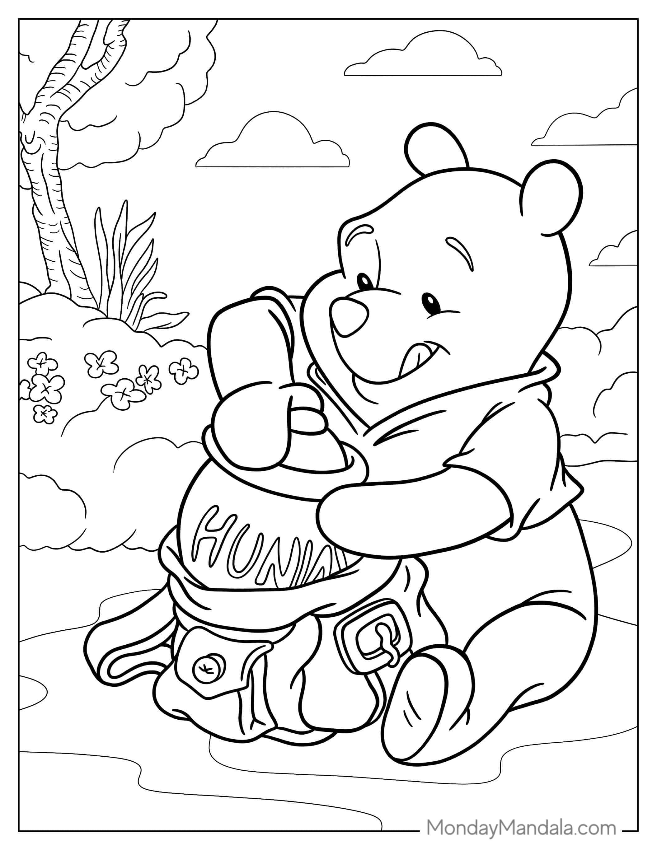 Winnie The Pooh Opening Hunny Jar coloring page — printable line art