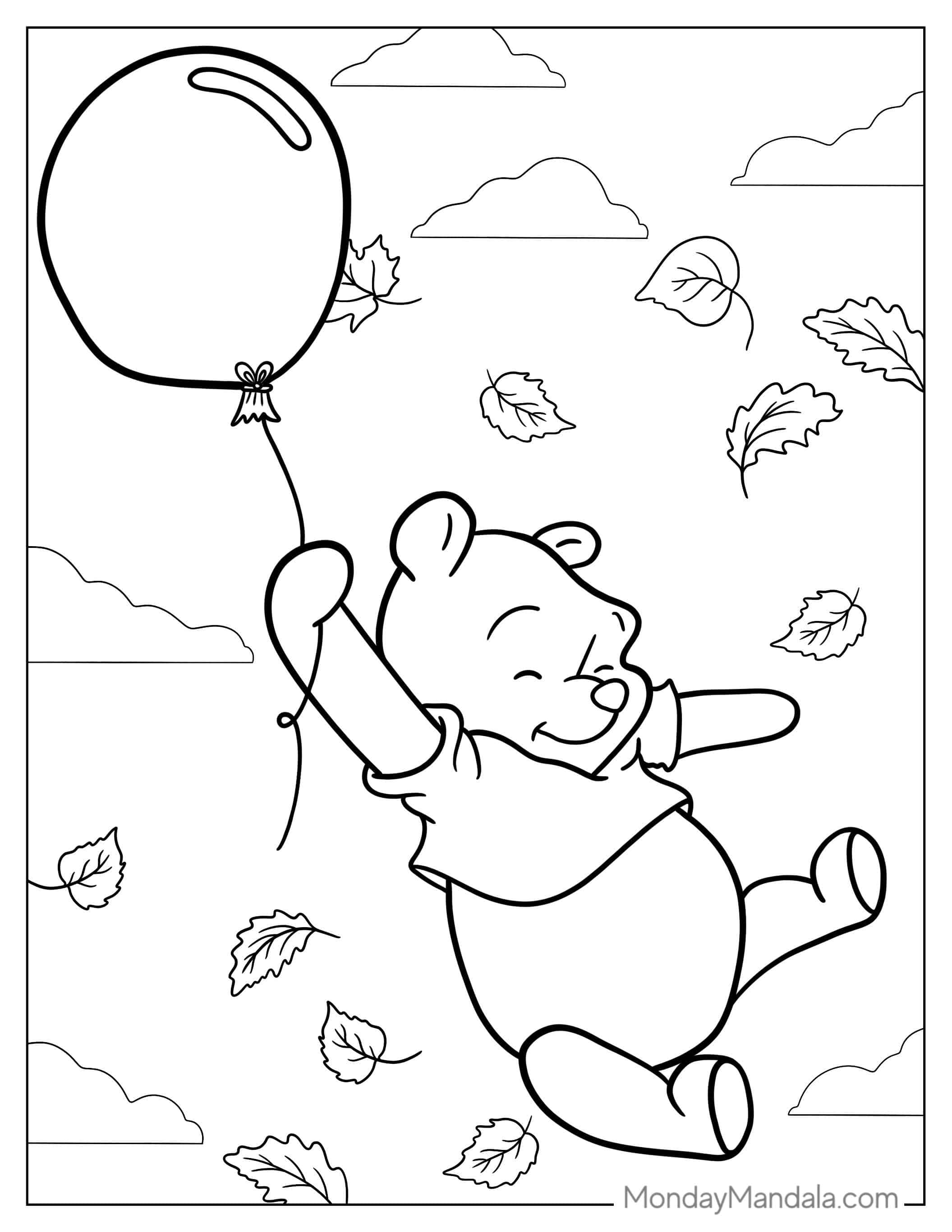 Winnie The Pooh With Balloon And Fall Leaves coloring page — printable line art
