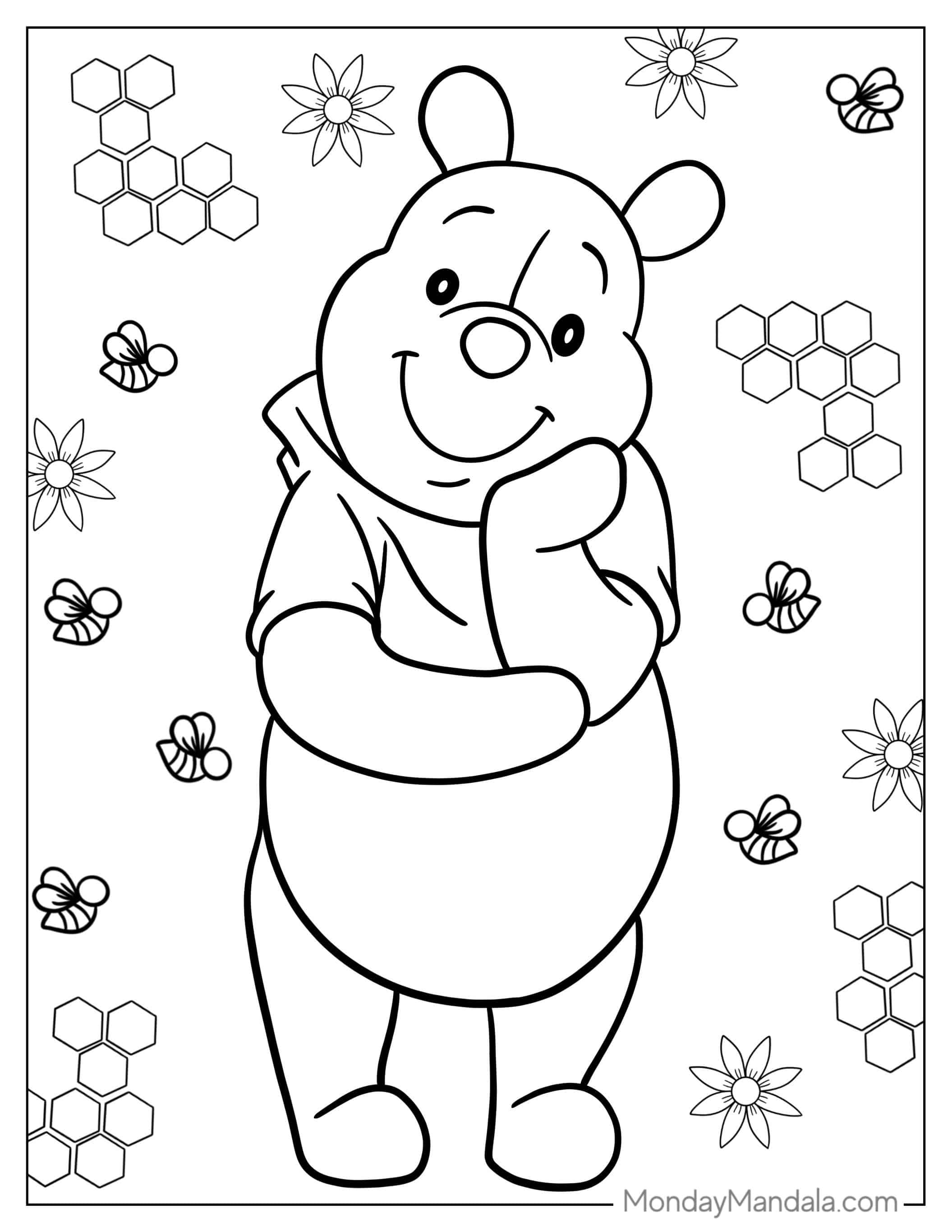 Winnie The Pooh With Bees And Honey To Color coloring page — printable line art