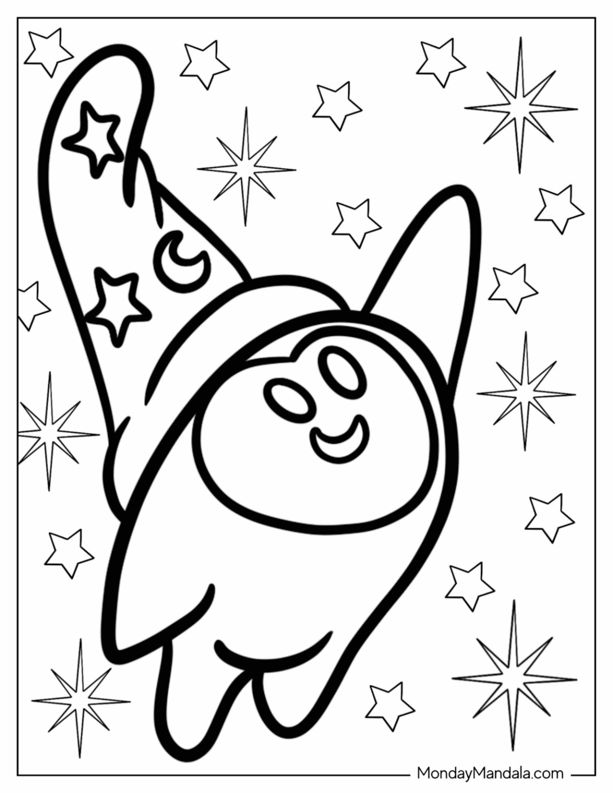 Wish Coloring Pages Of Adorable Star In A Wizard's Hat Flying For Preschoolers coloring page — printable line art