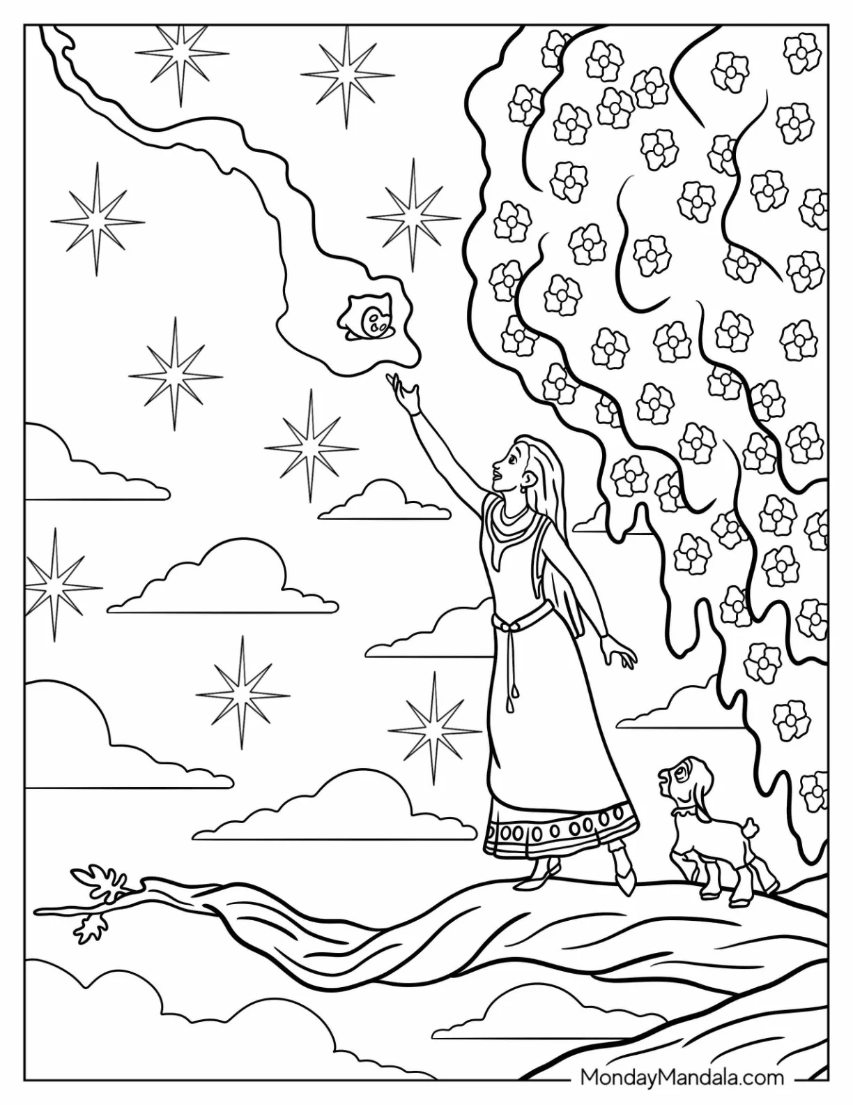 Wish Coloring Pages Of Asha Reaching For Star coloring page — printable line art