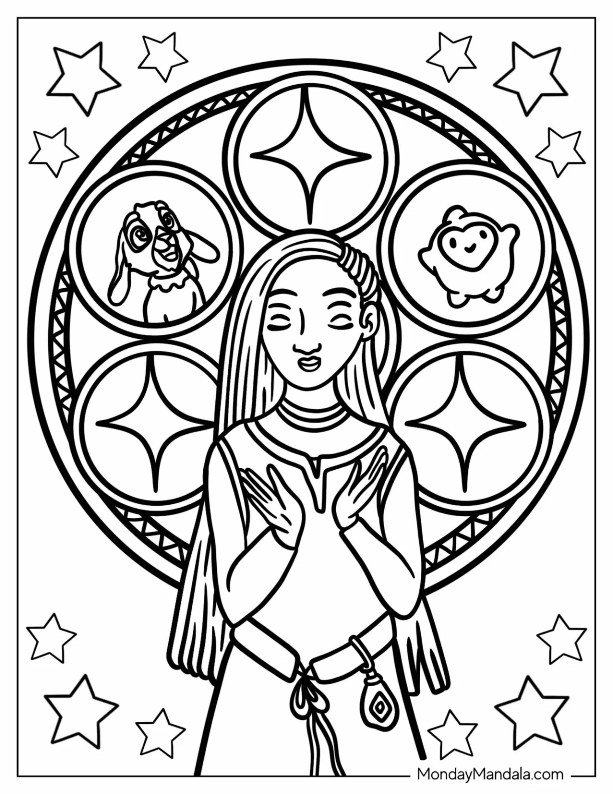 Wish Coloring Pages Of Asha Standing In Front Of A Stained Glass With Star And Valentino coloring page — printable line art