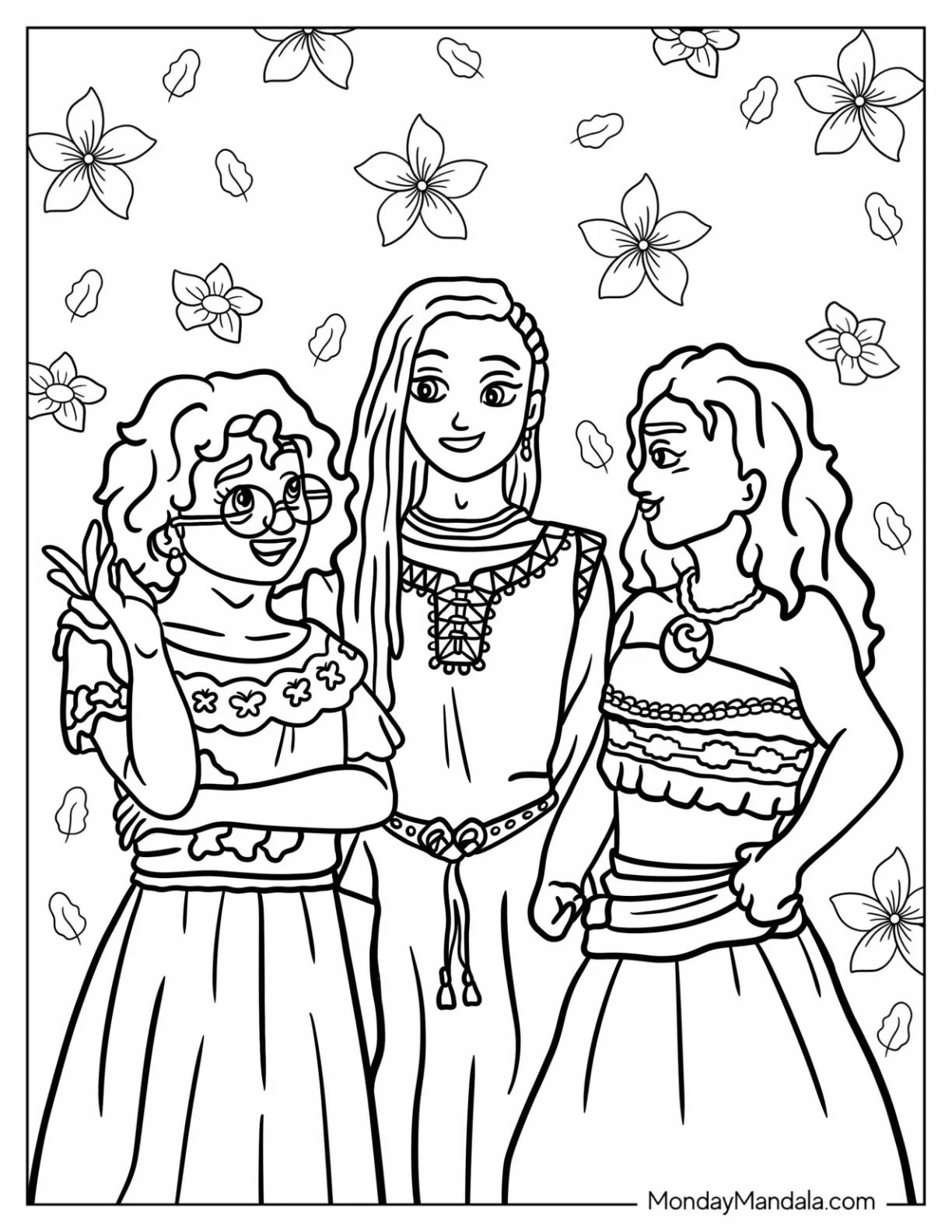 Wish Coloring Pages Of Asha With Moana And Mirabel coloring page — printable line art