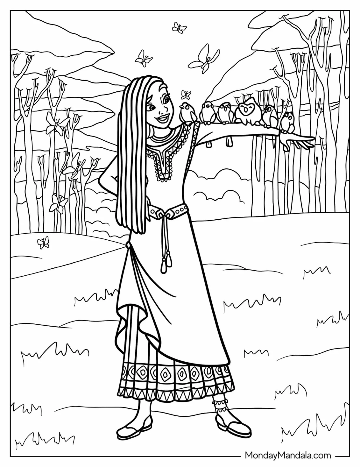 Wish Coloring Pages Of Birds Perched On Asha's Arm Wish coloring page — printable line art
