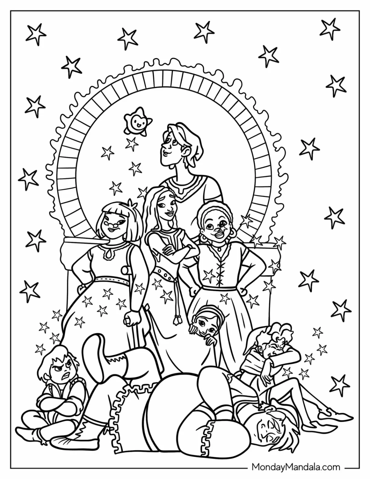 Wish Coloring Pages Of Disney Wish With Asha, Bazeema, Simon, Dahlia, Gabi, Dario, Hal, And Safi coloring page