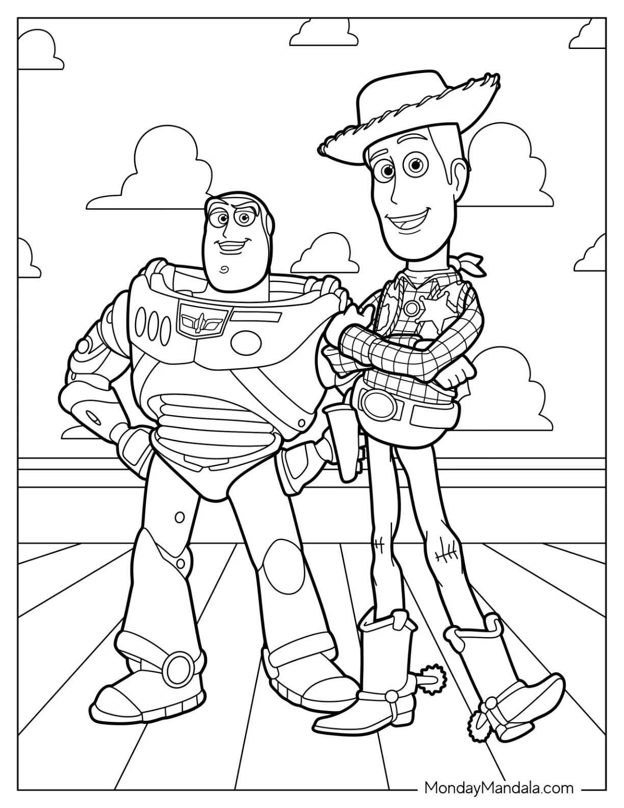 Buzz And Woody Coloring Page In Front Of Cloud Wallpaper coloring page