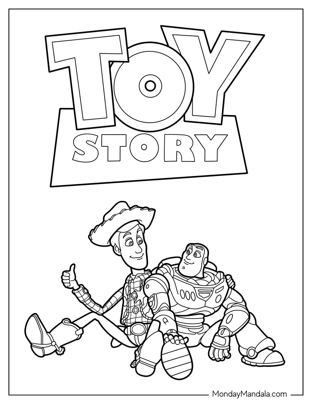 Buzz And Woody Coloring Page Sitting Below Toy Story Logo coloring page