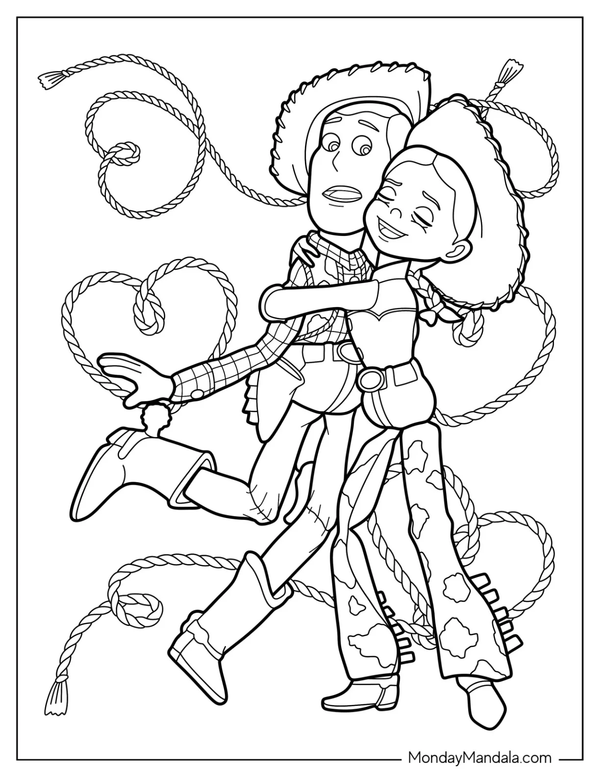 Jessie Hugging Woody Coloring Page coloring page — printable line art