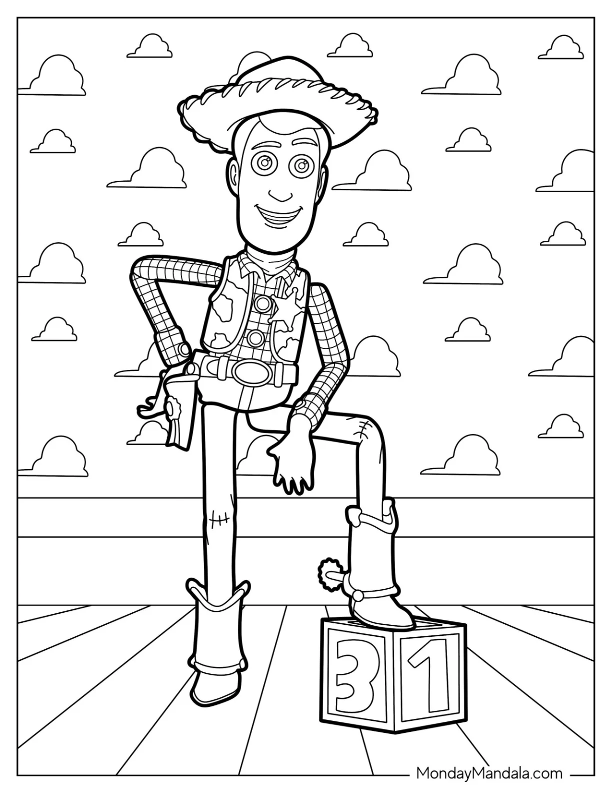 Sheriff Woody Coloring Page Posing With One Leg On Alphabet Block coloring page