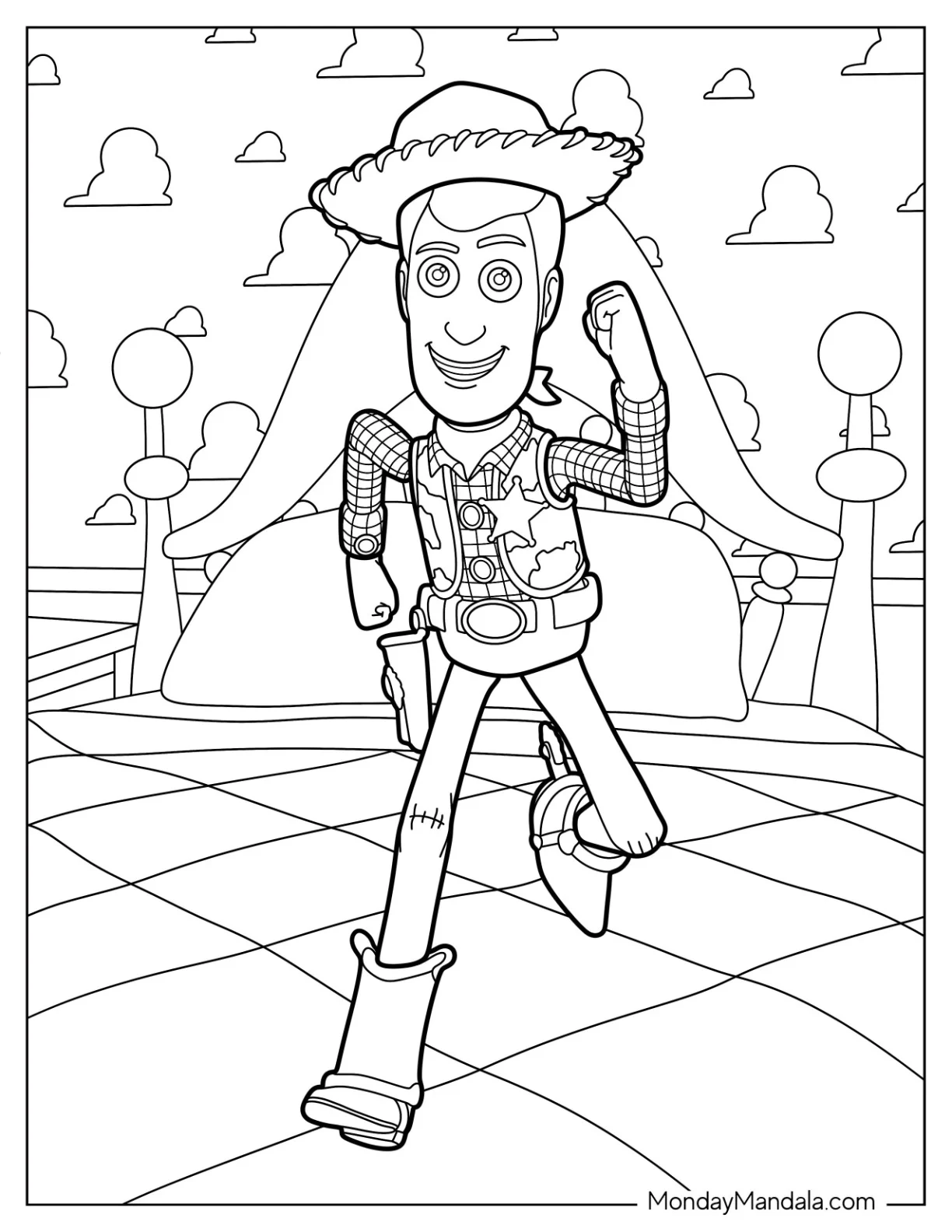 Smiling Woody Coloring Page Of Running On Andy's Bed coloring page