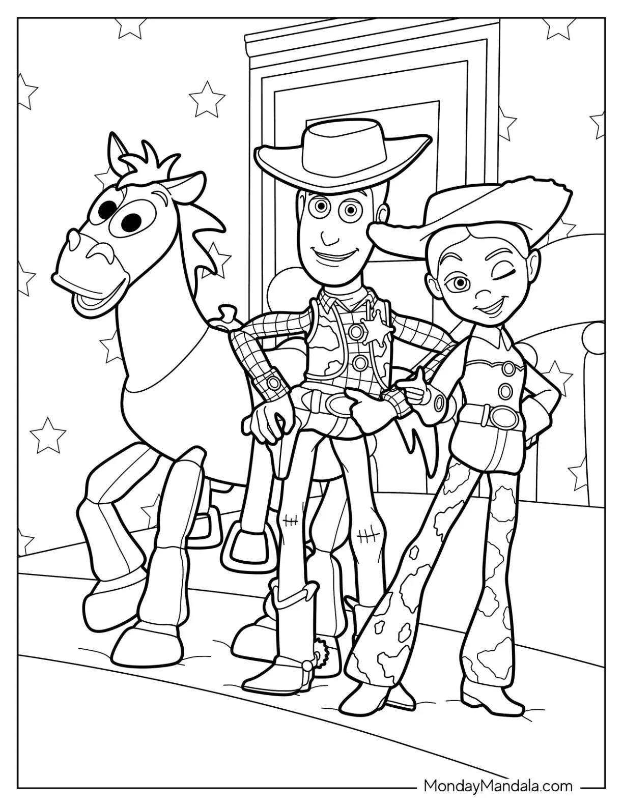 Woody Coloring Page Of Jessie, And Bullseye On Andy's Bed coloring page