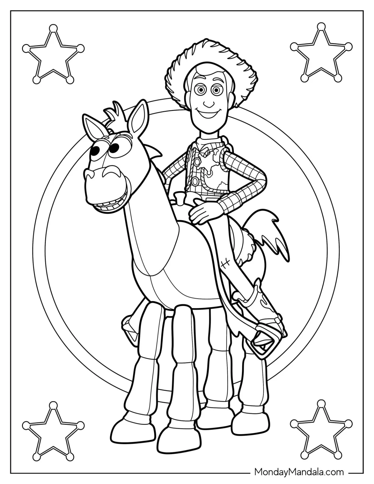 Woody Coloring Page Riding Bullseye coloring page — printable line art