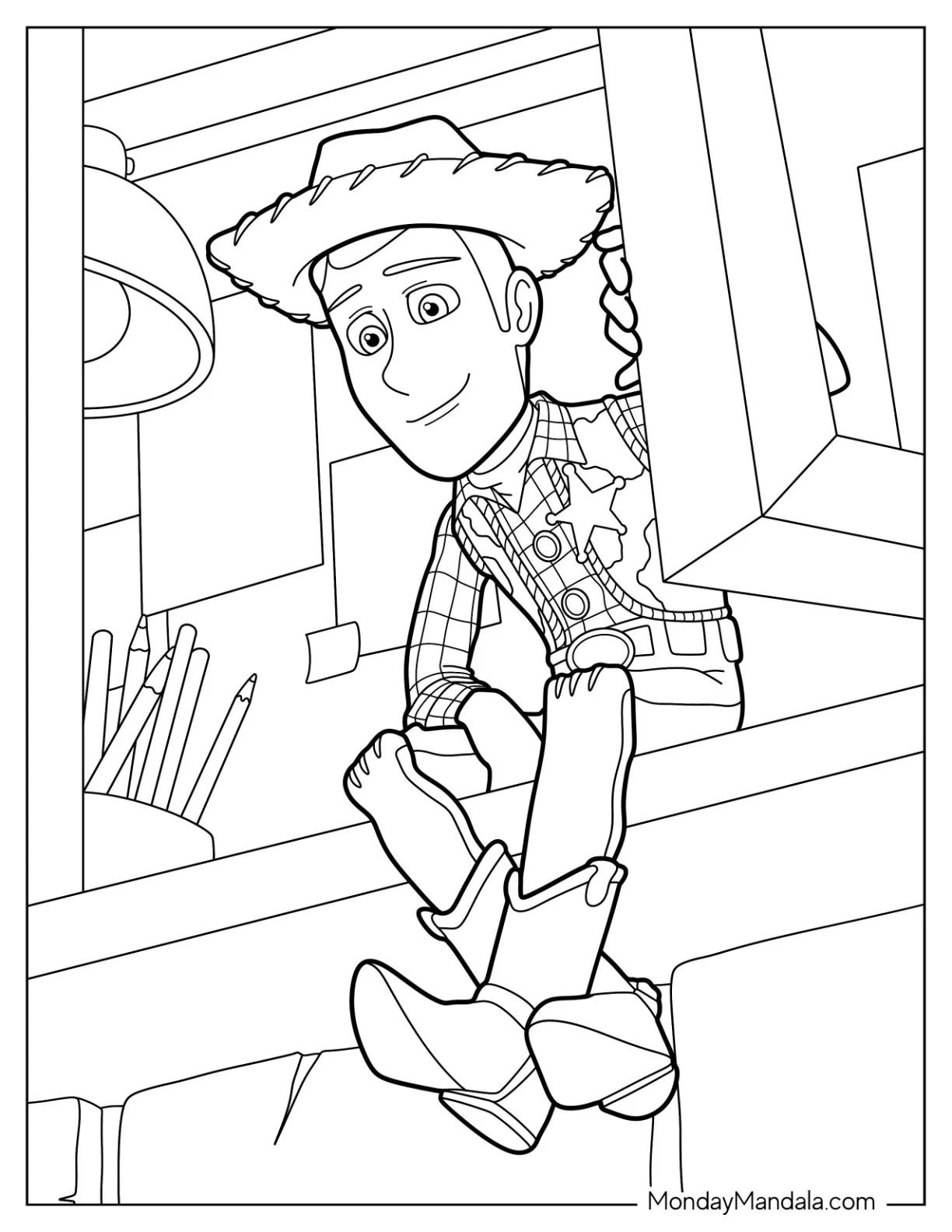Woody Coloring Page Sitting On The Edge Of A Table coloring page
