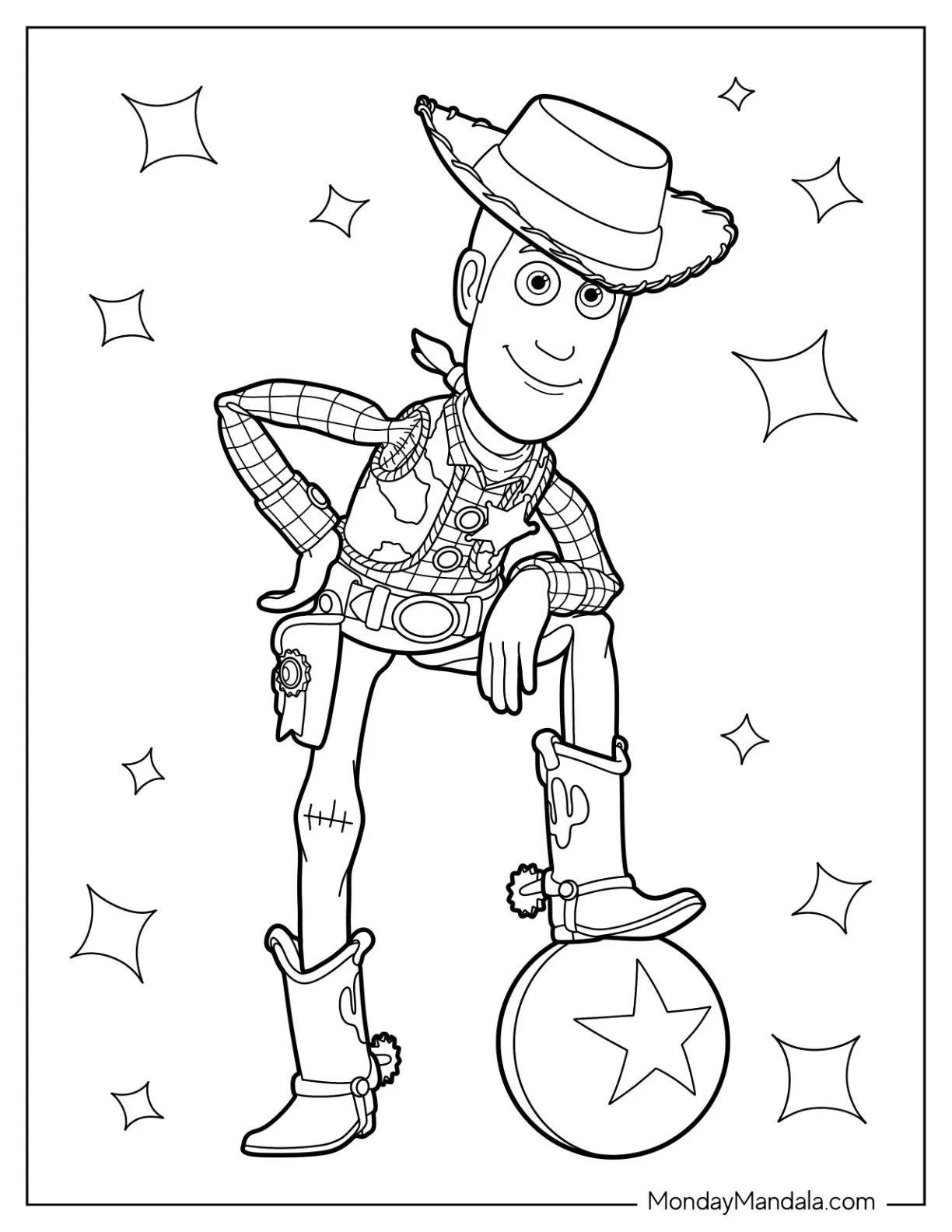 Woody Coloring Page With One Foot On Toy Ball For Kids coloring page