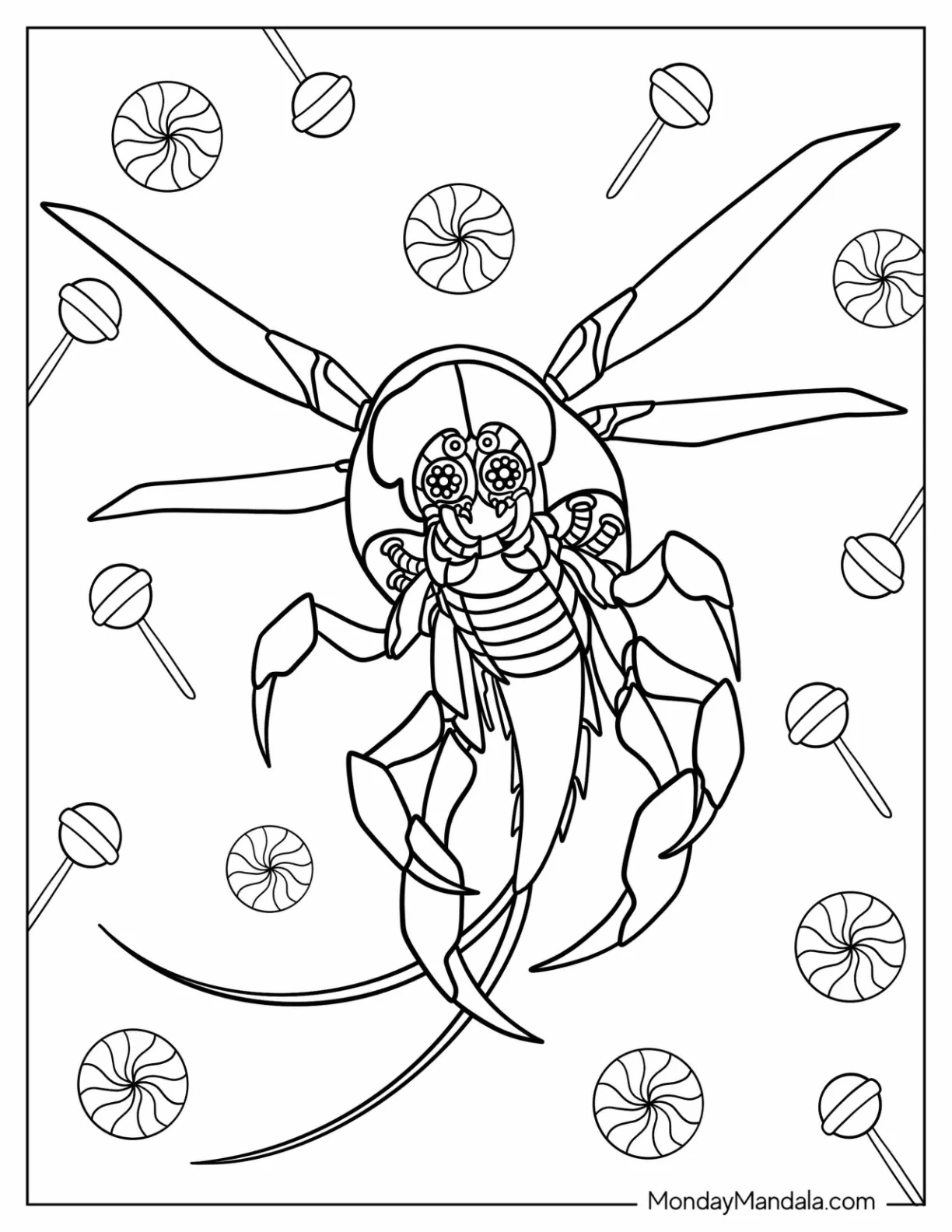 Wreck-It Ralph Coloring Page Cy Bug Surrounded By Candies And Lollipops coloring page