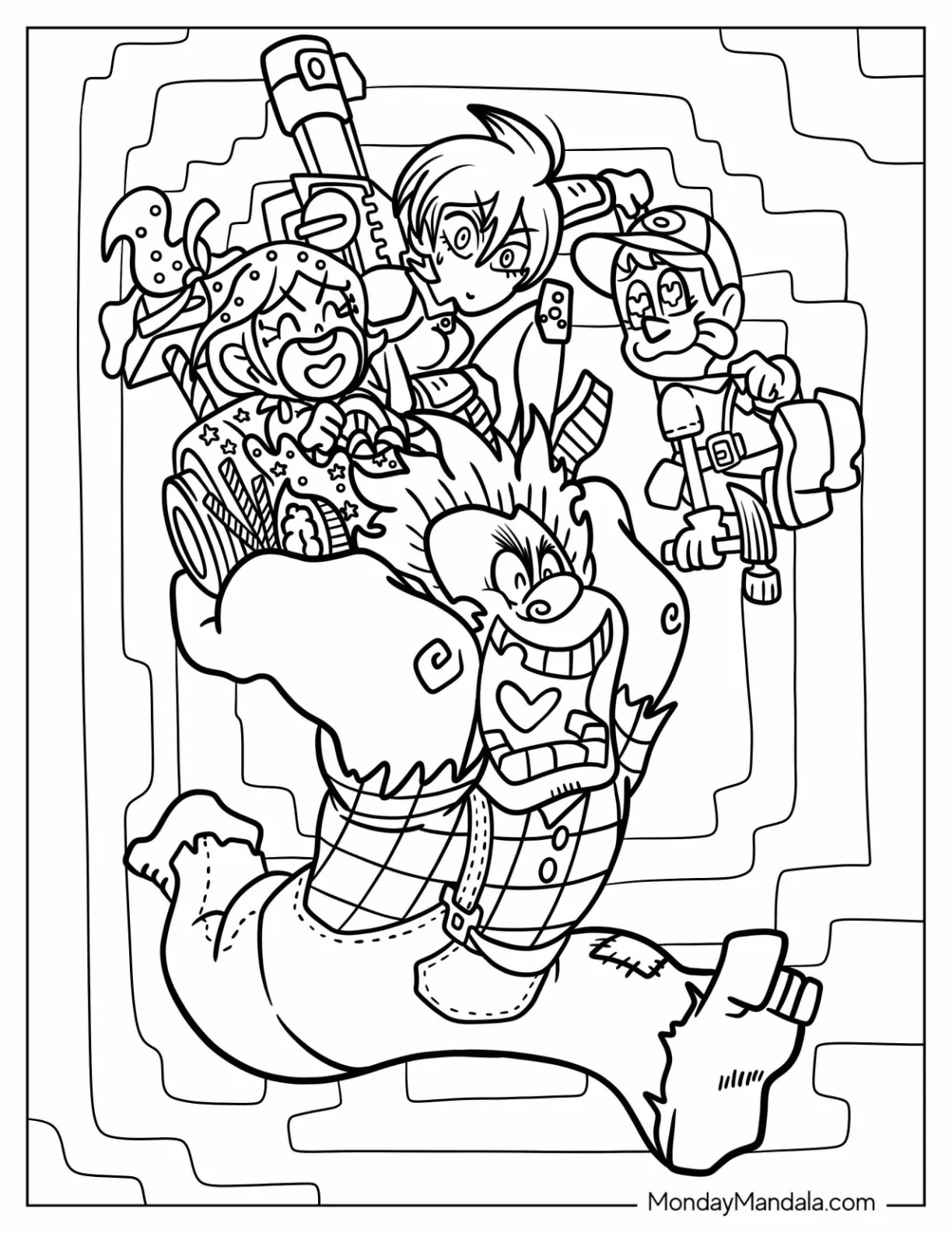 Wreck-It Ralph Coloring Page Of Carrying Vanellope, Sergeant Calhoun, And Fix It Felix coloring page