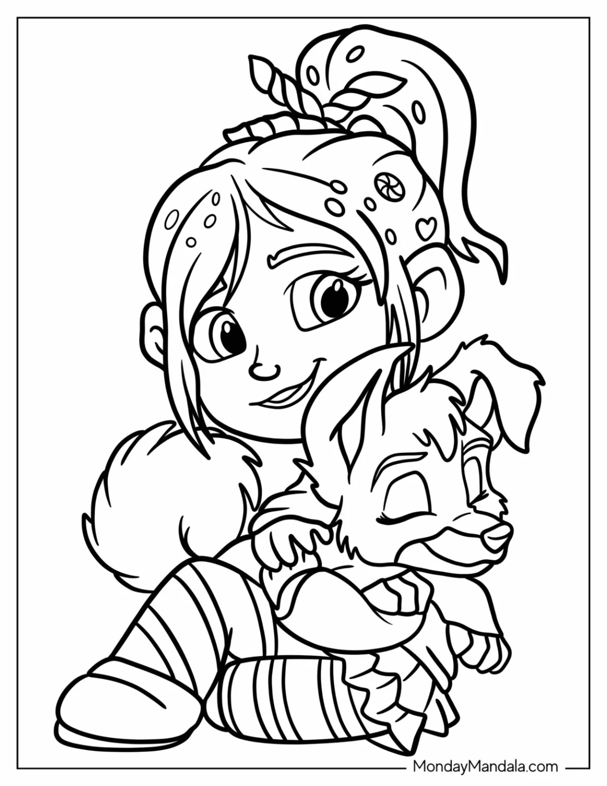 Wreck-It Ralph Coloring Page Of Kawaii Vanellope Hugging A Cute Puppy For Kids coloring page