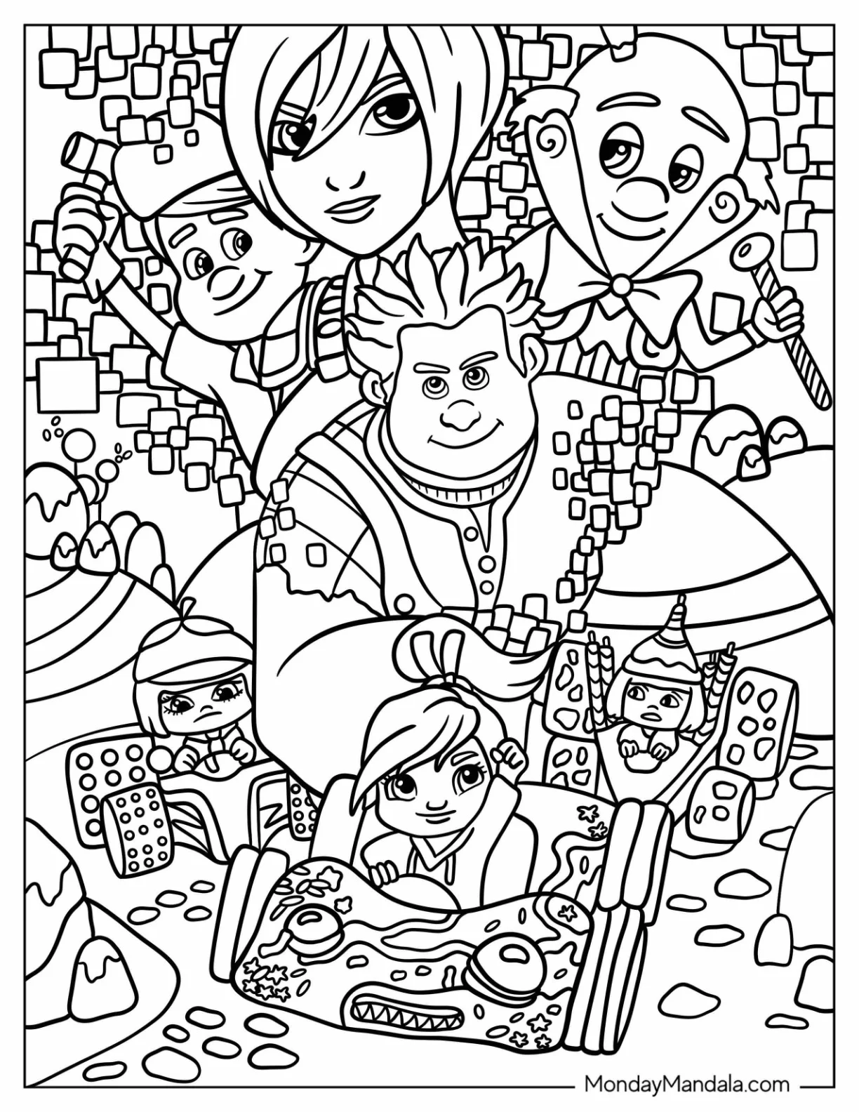 Wreck-It Ralph Coloring Page Of Sergeant Calhoun, Fix It Felix, King Candy, And Vanellope, Taffyta, And Candlehead Driving Candy Karts coloring page