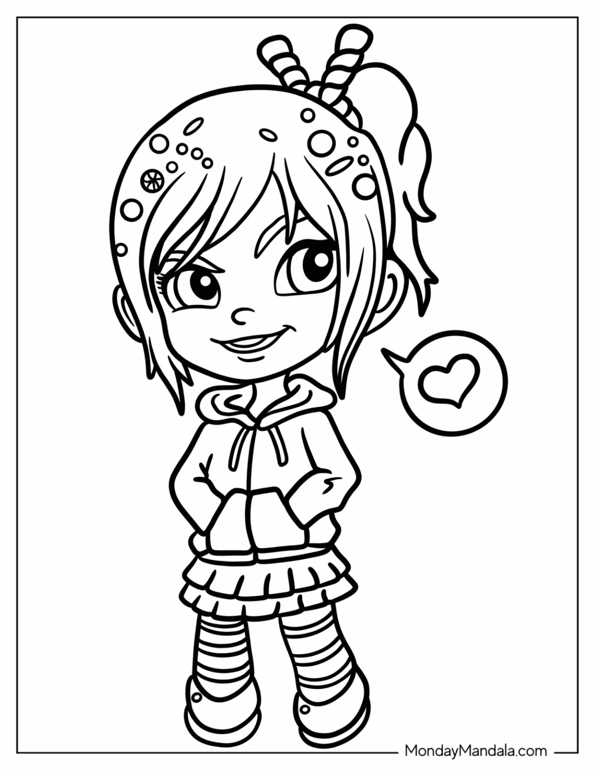 Wreck-It Ralph Coloring Page Of Spunky Vanellope With Heart For Preschoolers coloring page
