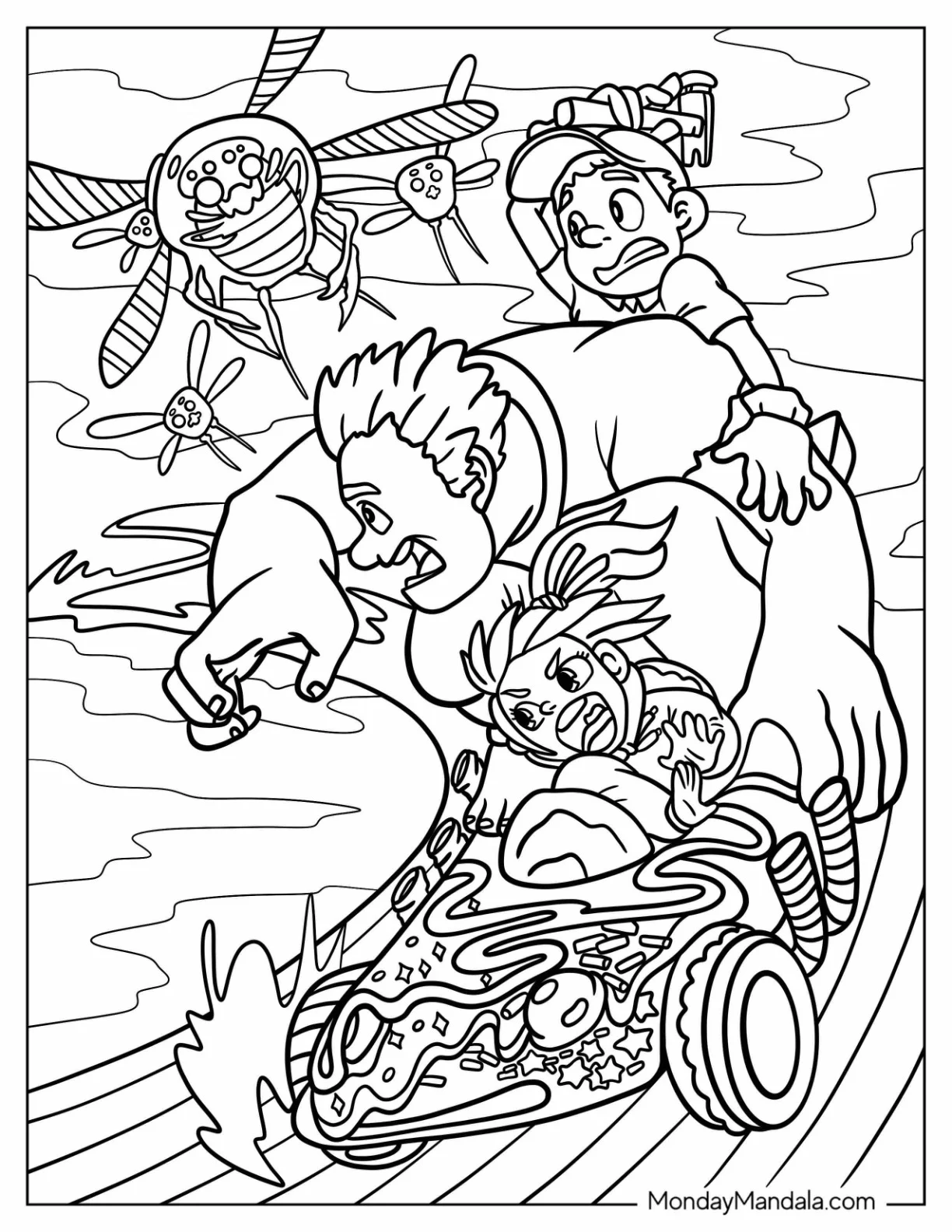 Wreck-It Ralph Coloring Page Of Vanellope, And Fix It Felix Riding Candy Kart To Escape Cy Bugs coloring page