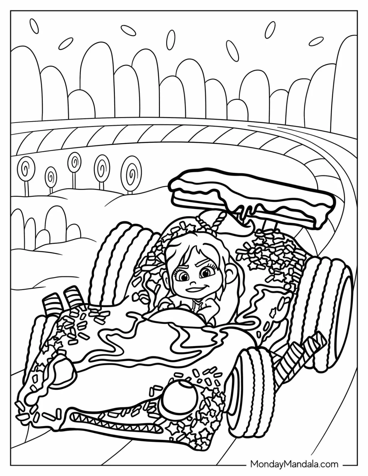 Wreck-It Ralph Coloring Page Of Vanellope Driving Candy Kart For Kids coloring page