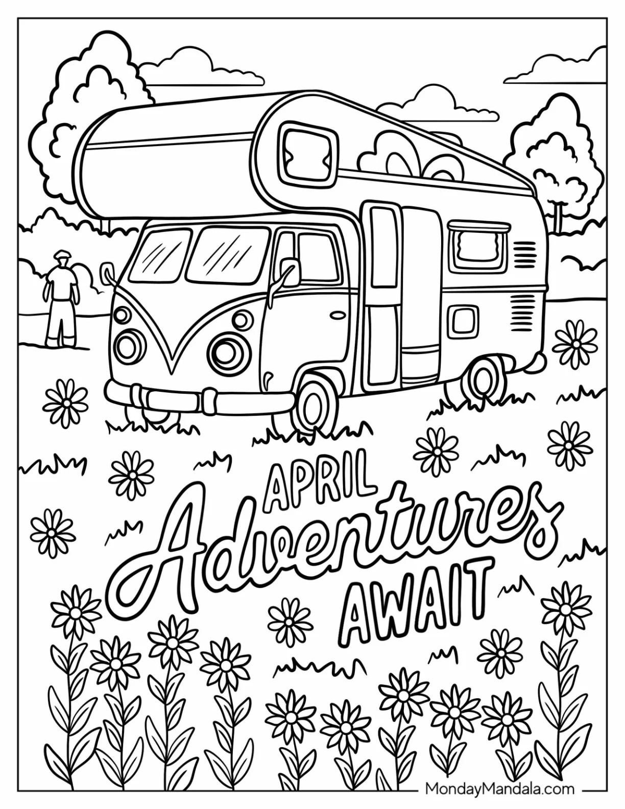 April Coloring Page Adventure Await Campervan In A Flower Field coloring page — printable line art