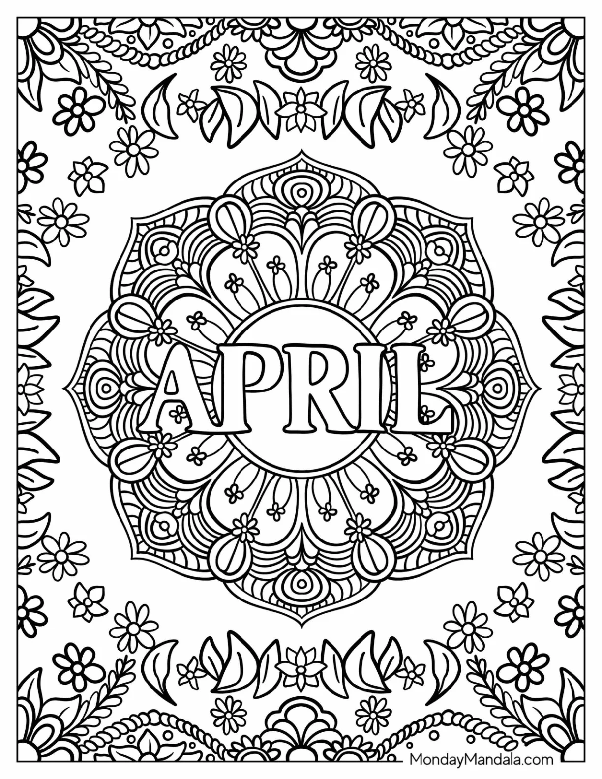 April Coloring Page Bold Text At The Center Of An Intricate Mandala coloring page — printable line art