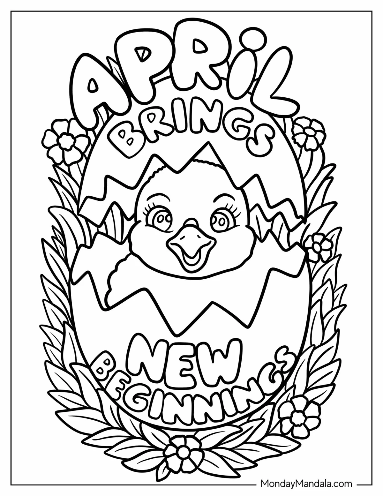 April Coloring Page Brings New Beginnings Around A Hatching Egg coloring page — printable line art