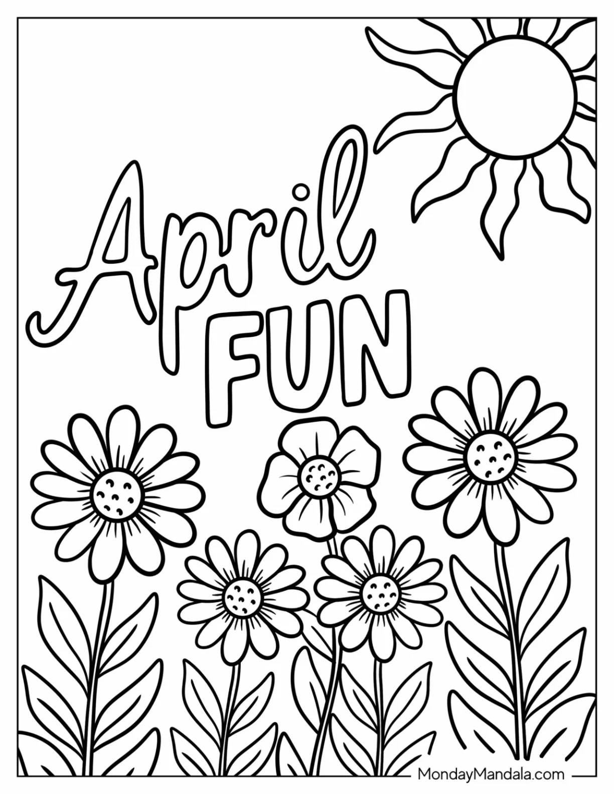 April Coloring Page Fun Word On A Sunny Day With Flowers coloring page