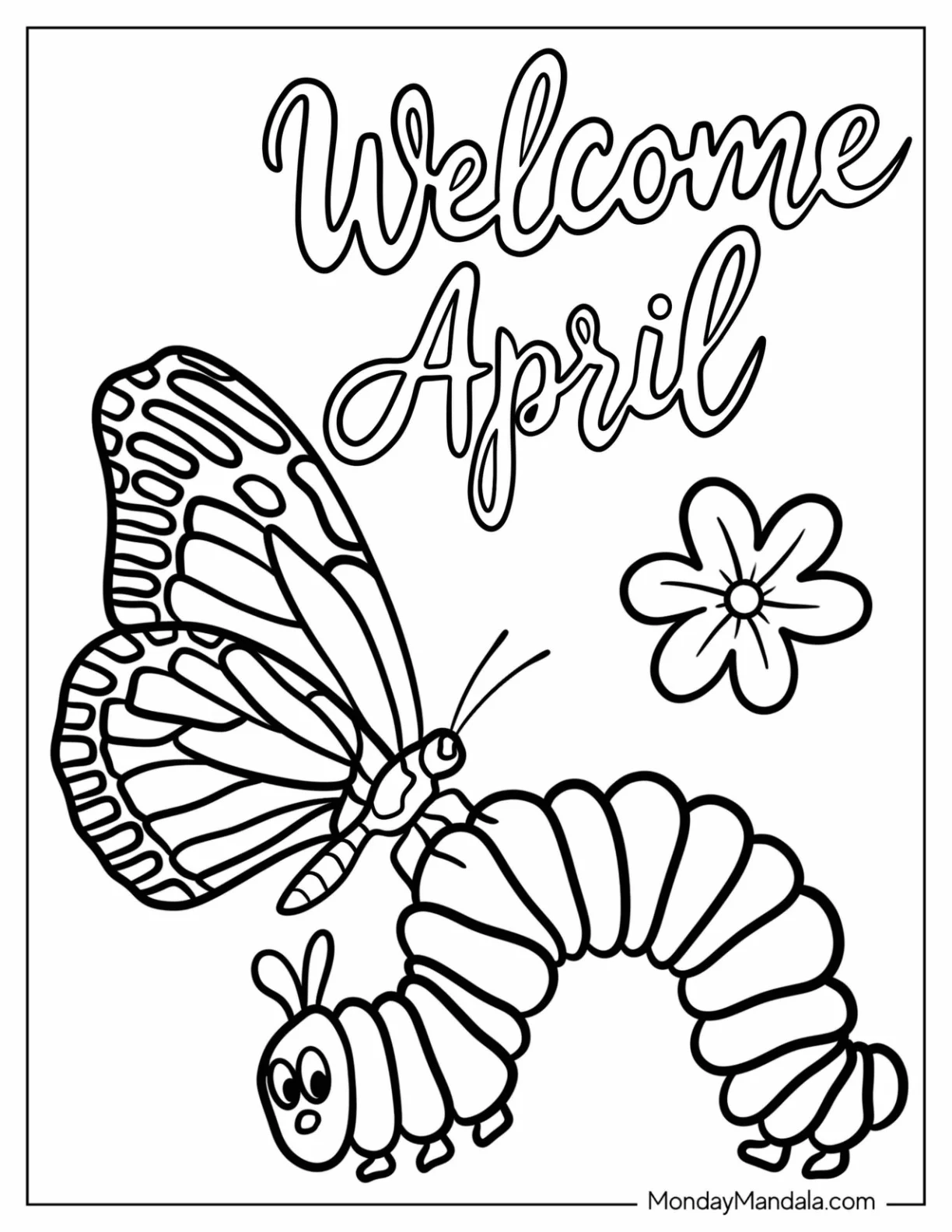 April Coloring Page Script Above Butterfly Perched On A Caterpillar coloring page — printable line art