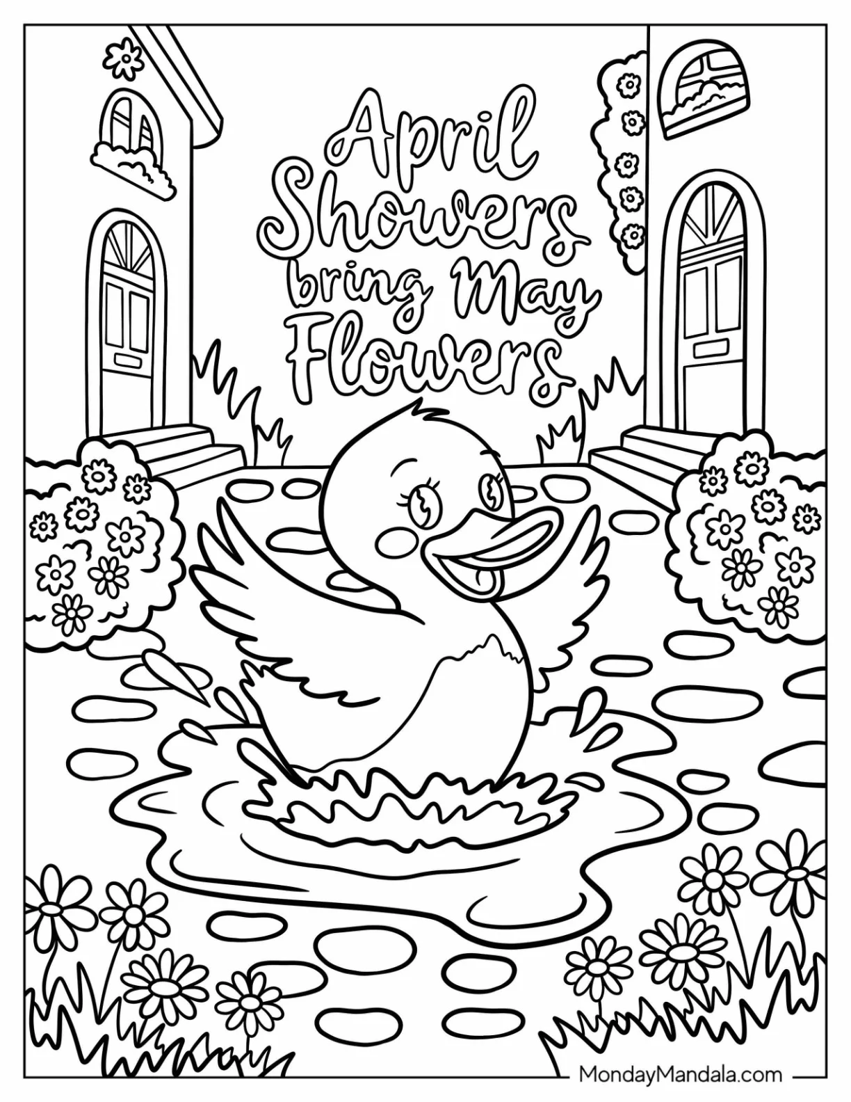 April Coloring Page Showers Bring May Flowers With Duck Playing coloring page — printable line art
