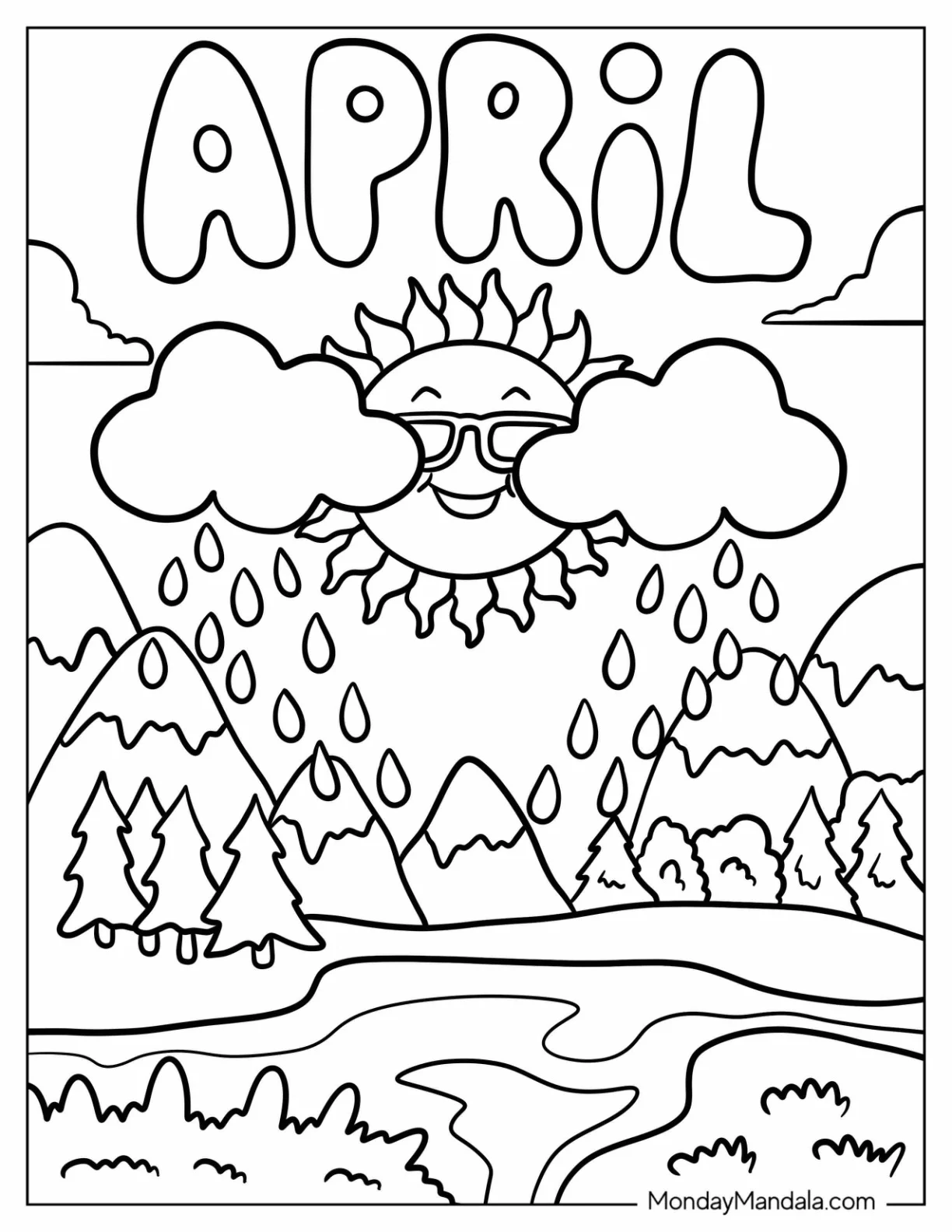 April Coloring Page Showers Over Mountain Landscape coloring page — printable line art
