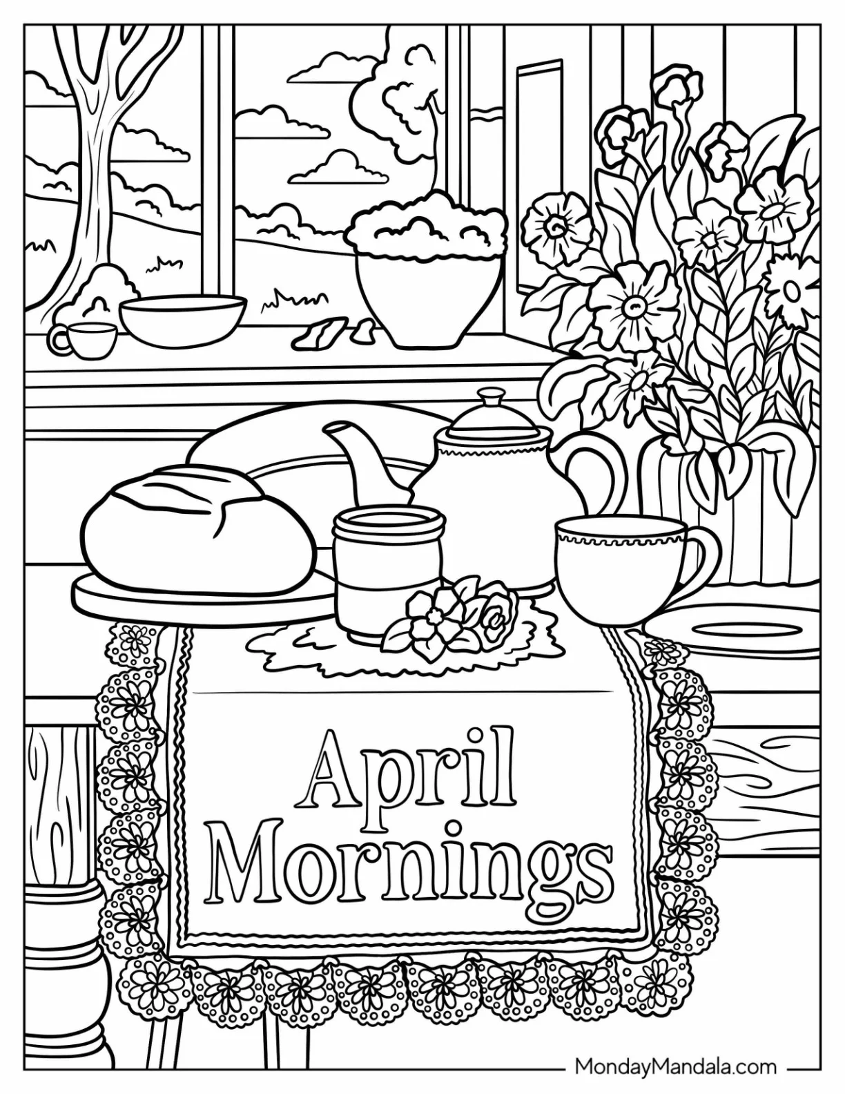 Calm April Coloring Page Morning With Tea, Bread And Flowers coloring page — printable line art