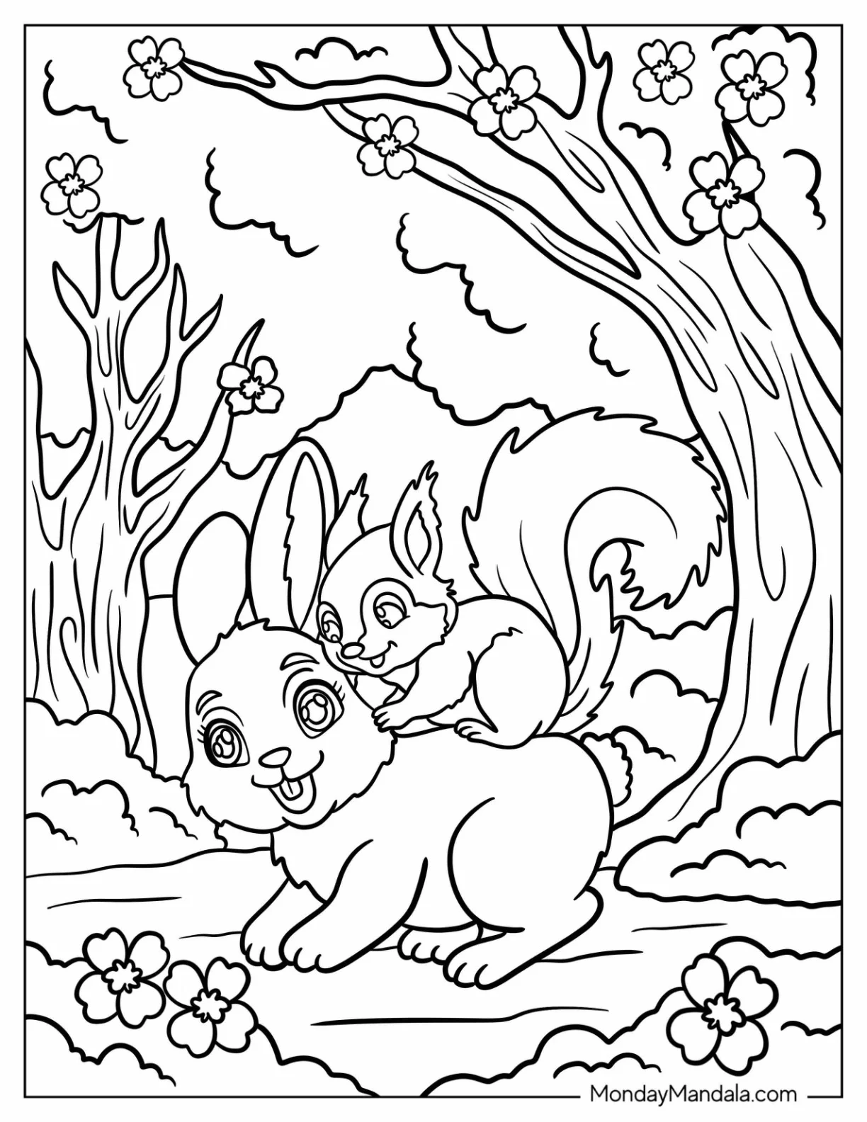Cute Rabbit And Squirrel Playing In The Forest In April Coloring Page coloring page