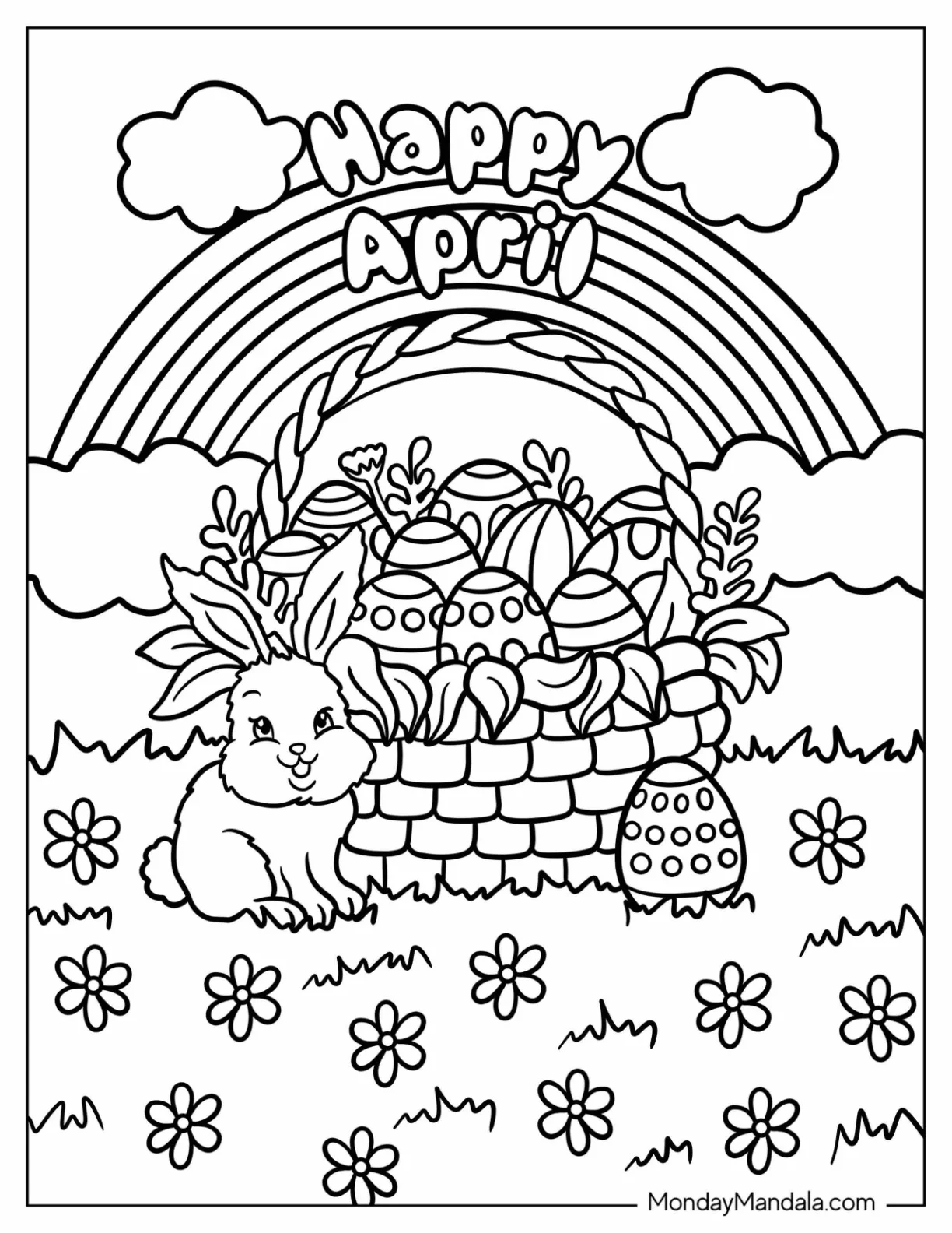 Detailed Easter Bunny Guarding Basket Of Eggs In April Coloring Page coloring page — printable line art