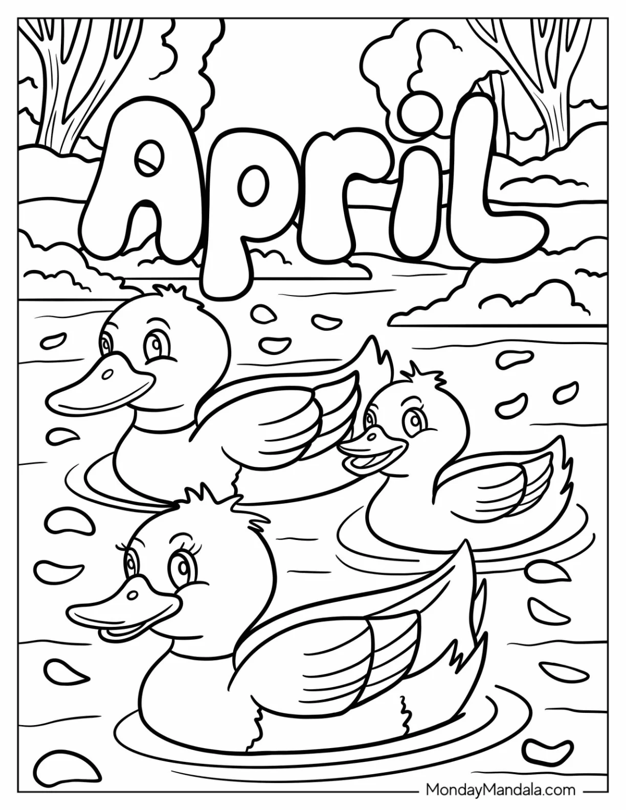 Ducklings Swimming In A Pond In April Coloring Page For Kids coloring page — printable line art