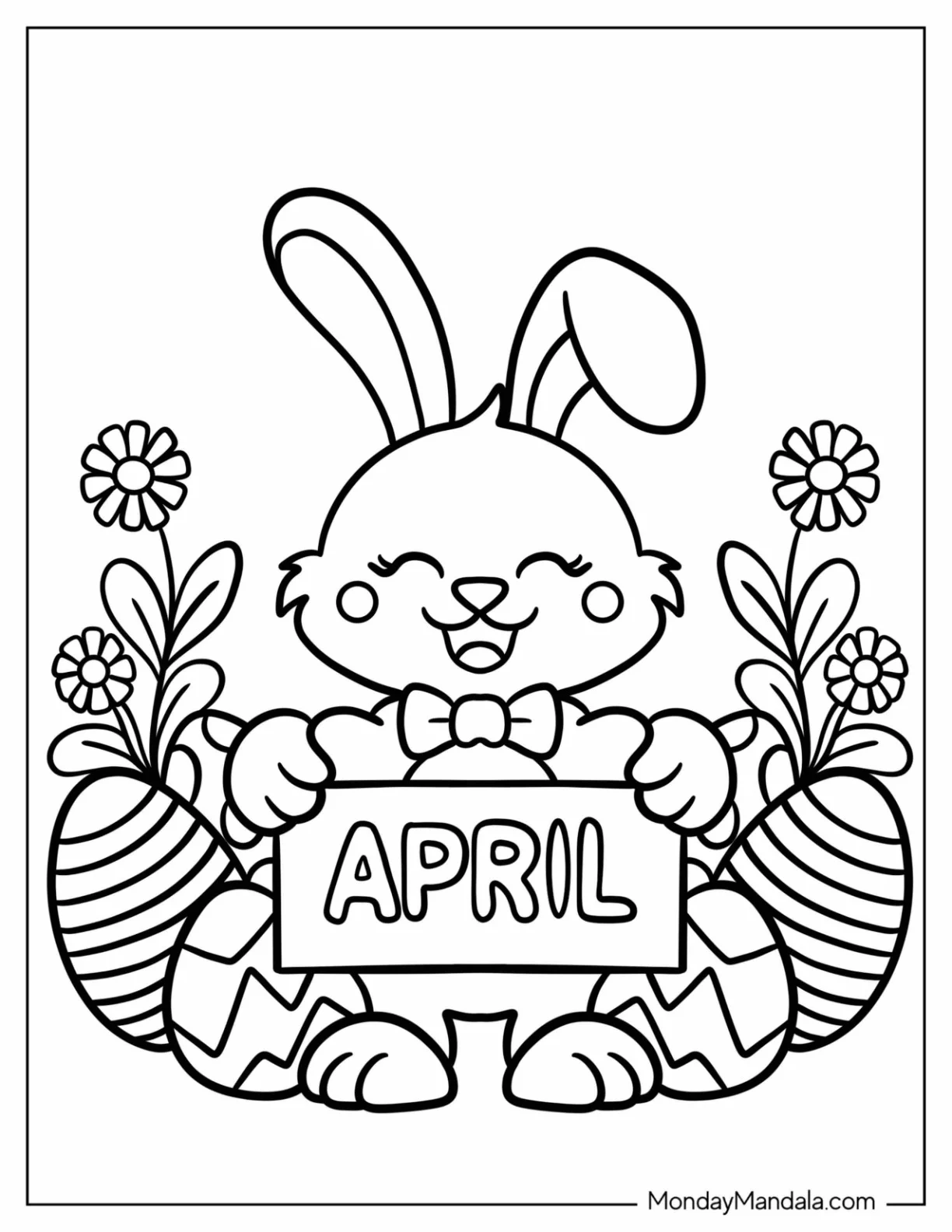 Easter Bunny Holding An April Coloring Page Signage For Kids coloring page — printable line art