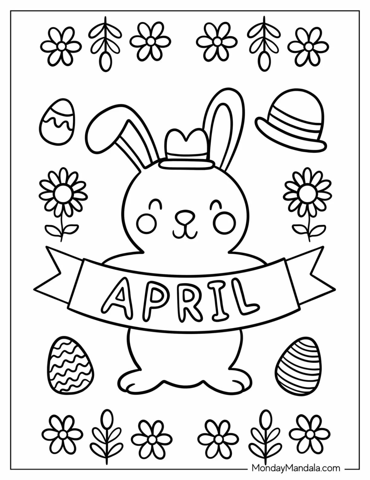 Easy Bunny With An April Coloring Page Banner For Preschoolers coloring page — printable line art