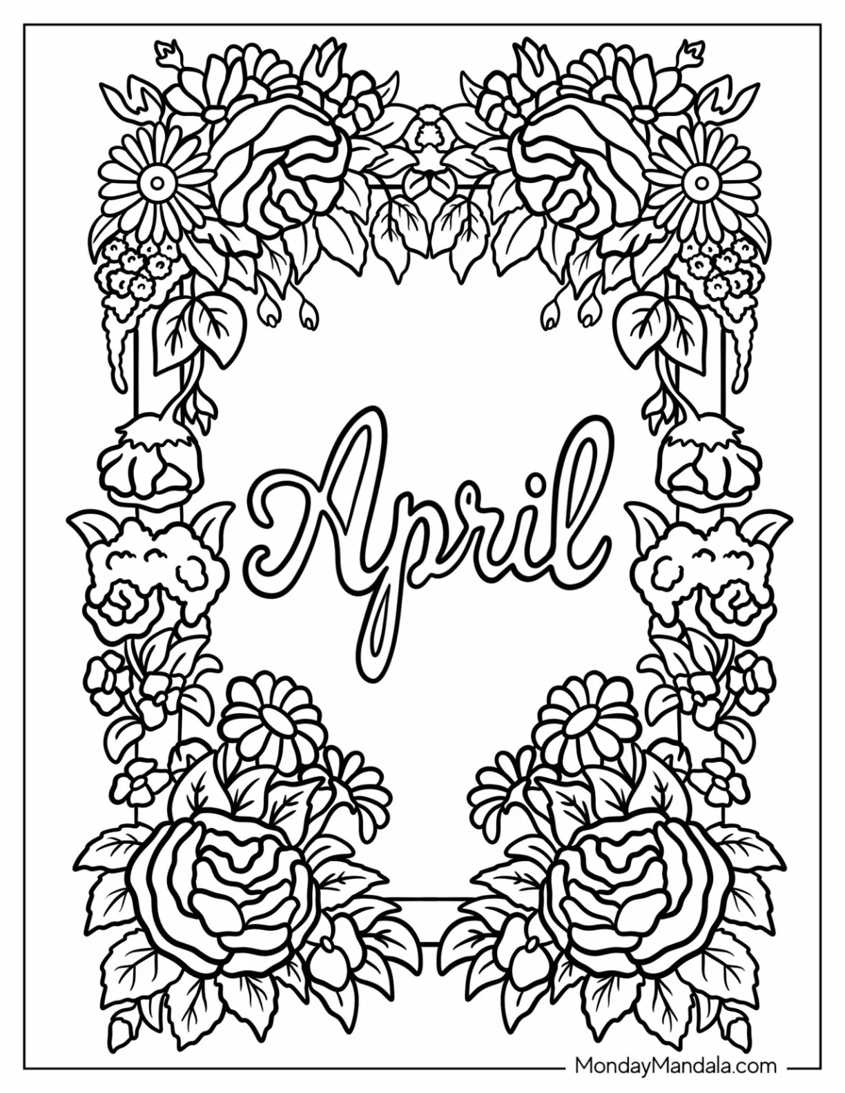 Elegant April Coloring Page Script With Floral Frame coloring page