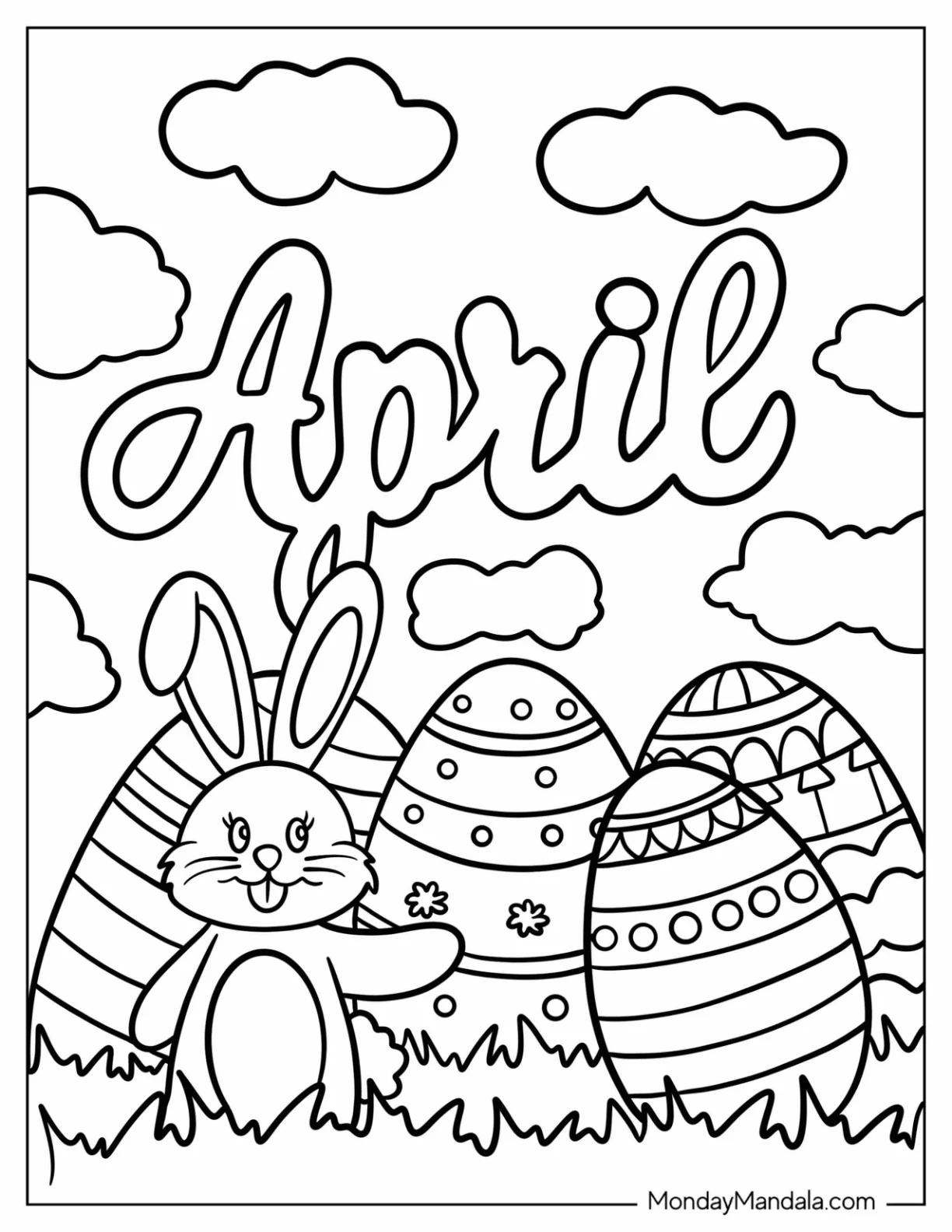 Fun April Coloring Page Word Above Massive Easter Eggs With Bunny coloring page