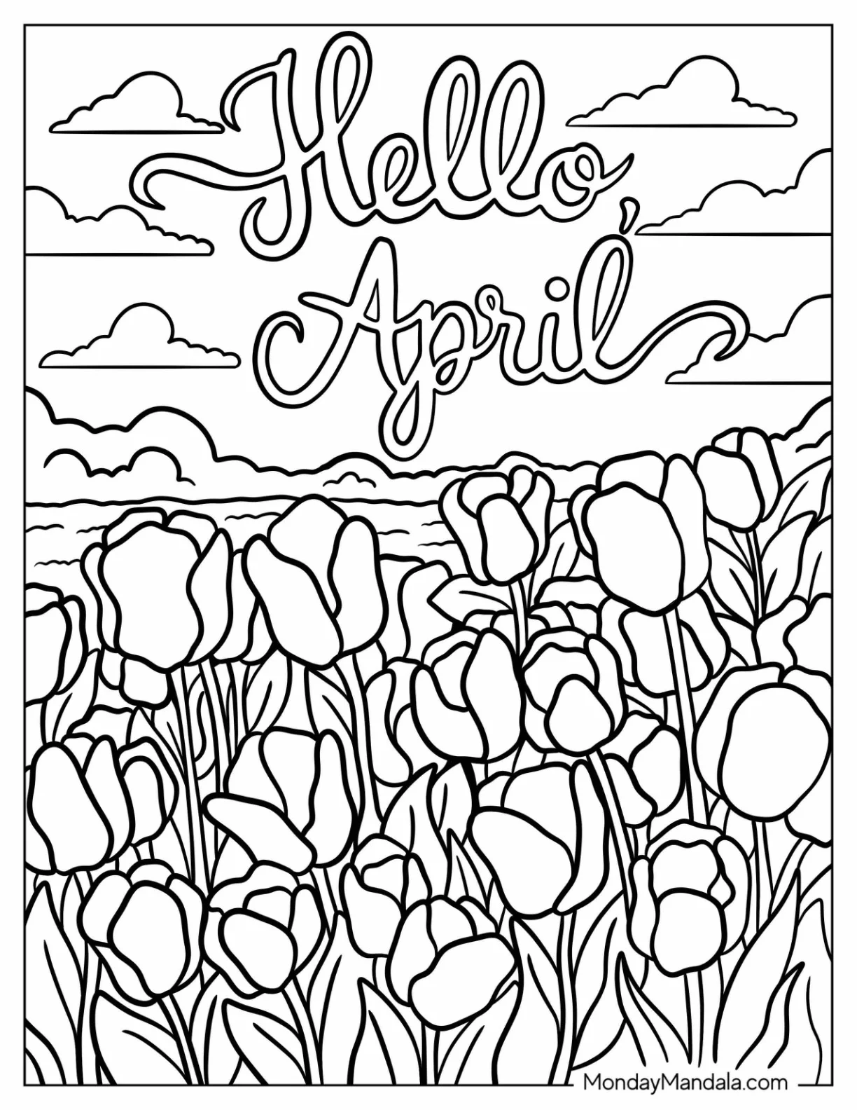Hello April Coloring Page Words Over Blooming Flowers coloring page