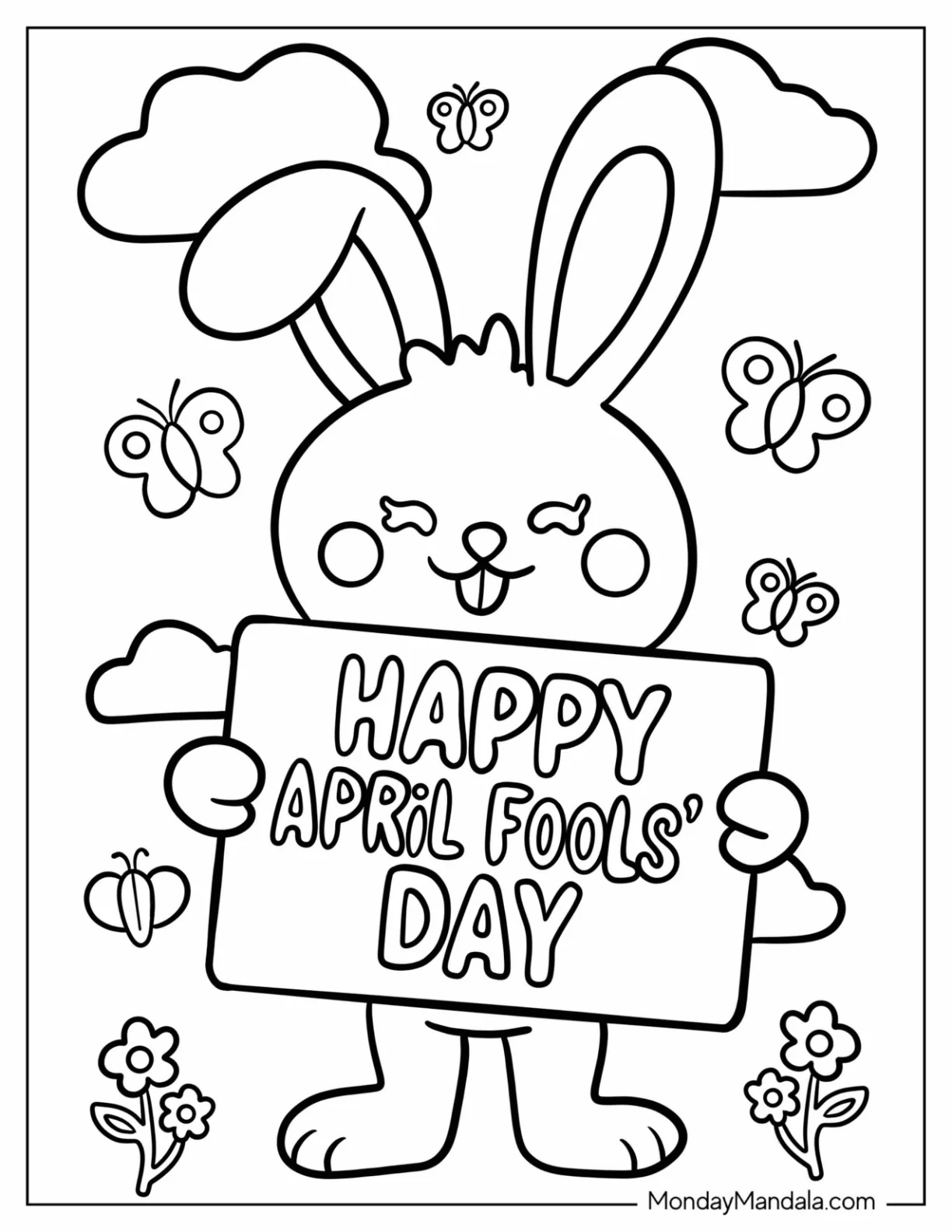 Kawaii Bunny Holding Up An April Coloring Page Fool's Day Sign coloring page — printable line art