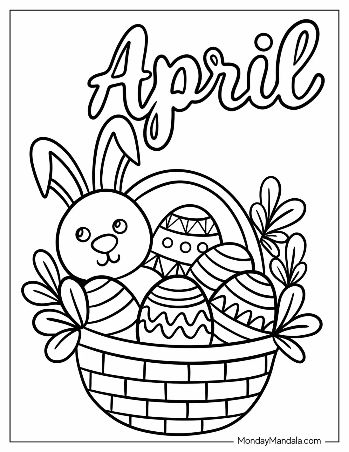 Kawaii Easter Egg And Bunny In April Coloring Page For Kids coloring page