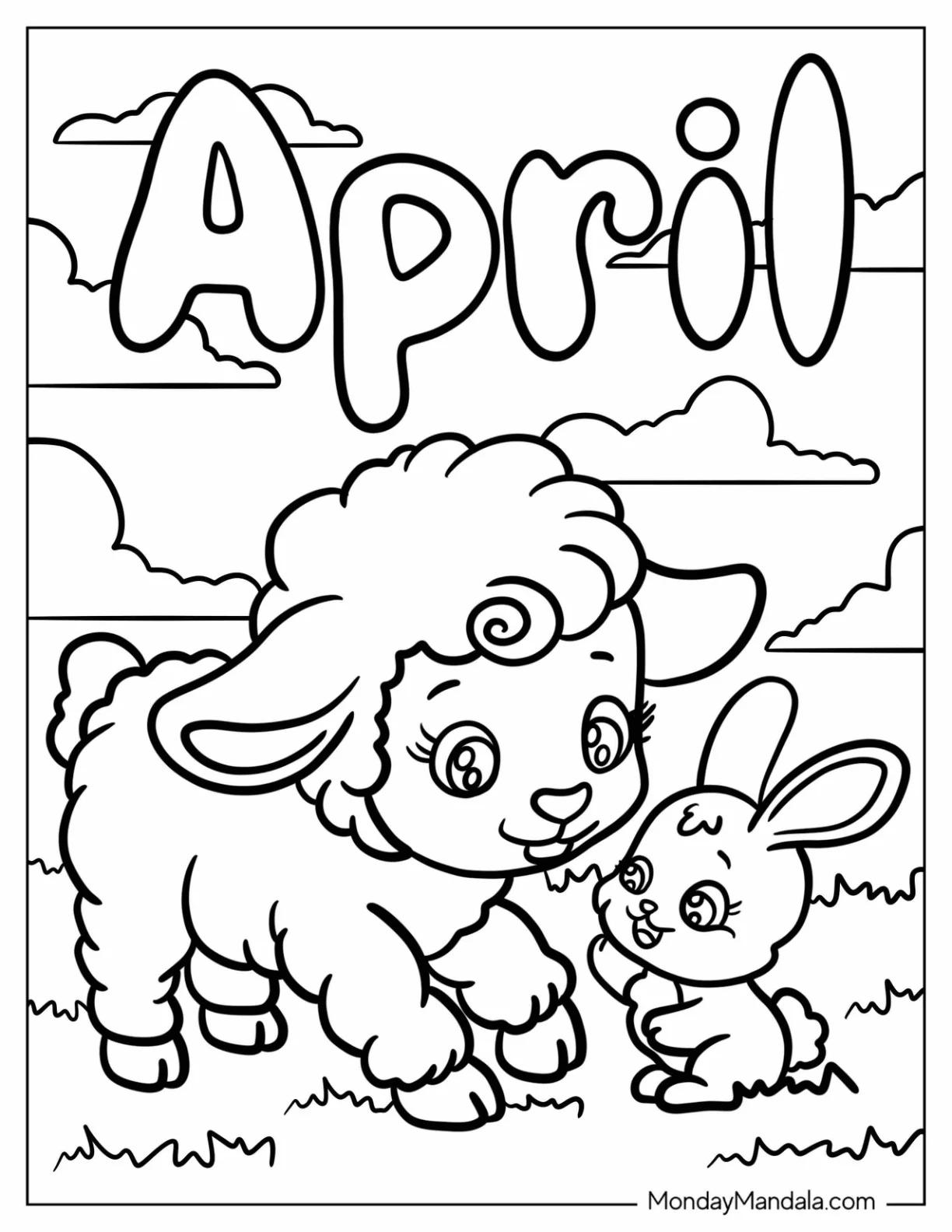Lamb And Rabbit Under April Coloring Page Word For Kids coloring page