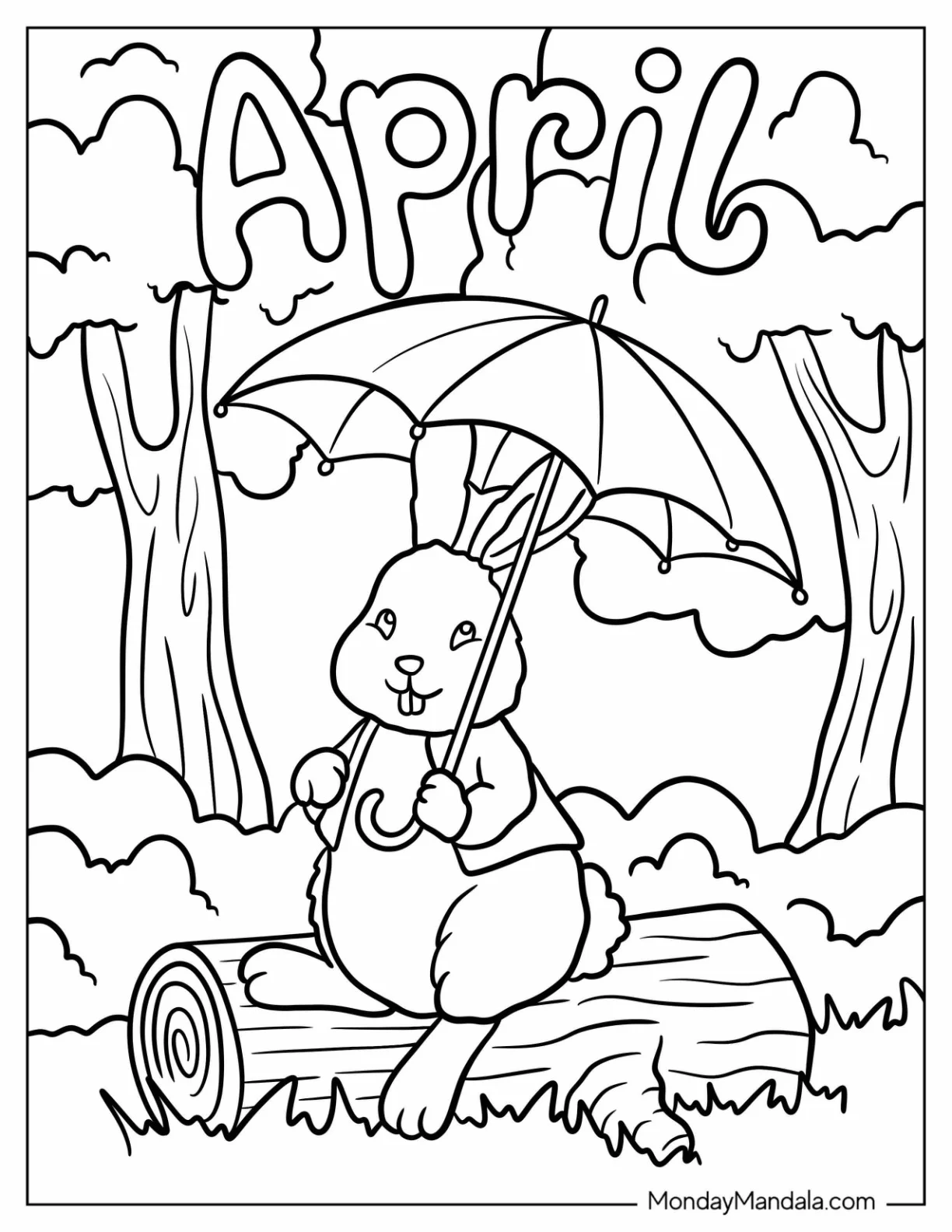 Rabbit With An Umbrella Taking A Stroll In April Coloring Page coloring page