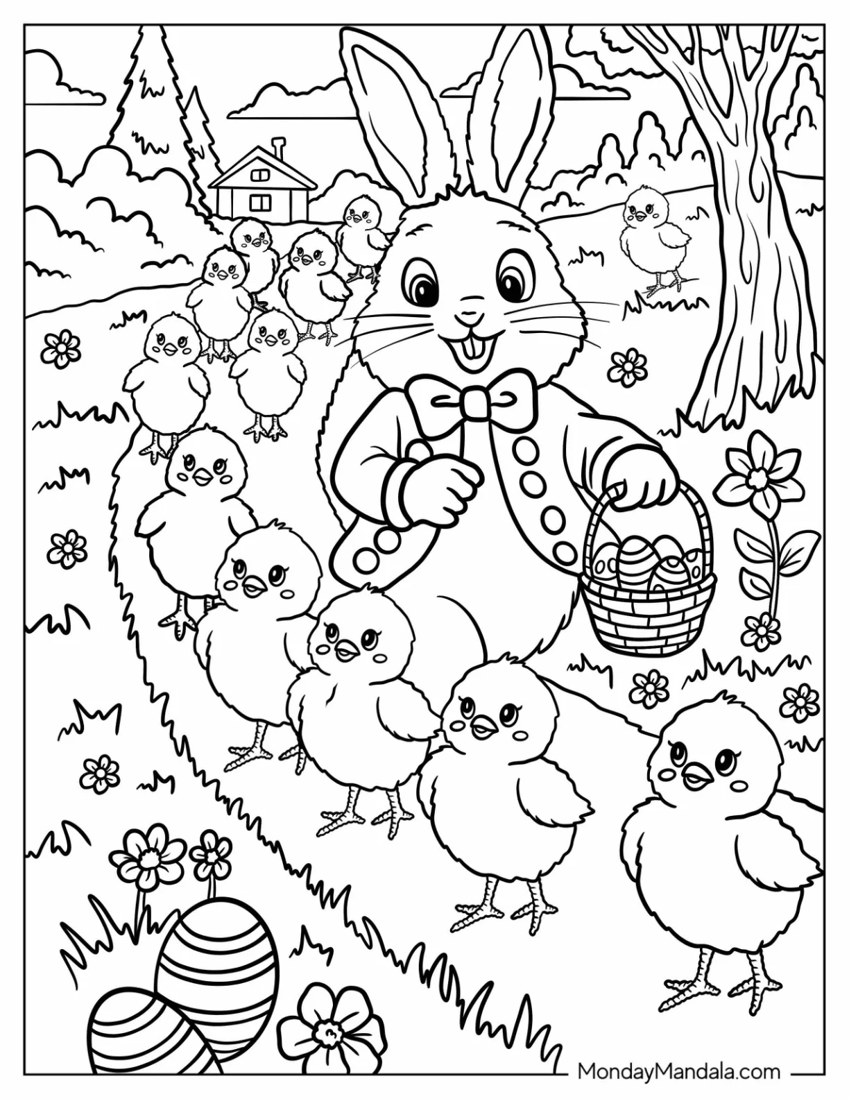 Cheerful Easter Bunny Coloring Page Carrying Egg Basket with Baby Chicks on The Road coloring page — printable line art