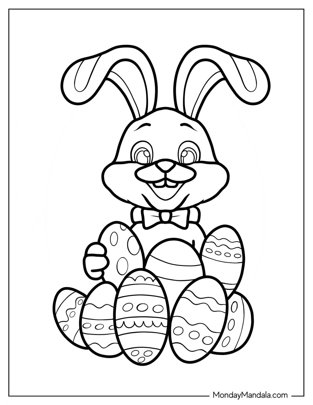 Cute Easter Bunny Coloring Page Surrounded By Eggs coloring page — printable line art